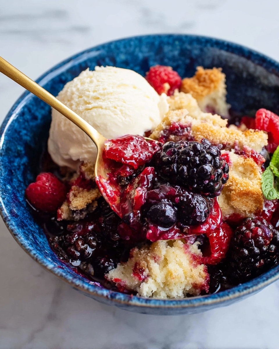 The image shows a mixed berry cobbler in a white baking dish on a white marbled surface. The dish has two main layers: the bottom layer is a thick, dark purple, juicy mixed berry filling made of blackberries, raspberries, blueberries, and strawberries, slightly bubbling at the edges. The top layer is a golden-brown, soft biscuit crust with a slightly rough and crumbly texture, covering most of the dish except for a large scoop taken out at the bottom right. The scoop reveals the moist berries beneath, and a gold spoon holds a serving of the crust and berries. Fresh mixed berries and small green mint leaves are placed in a pile on the left side of the dish, adding bright reds, blues, and greens to the warm tones of the cobbler. Photo taken with an iphone --ar 4:5 --v 7