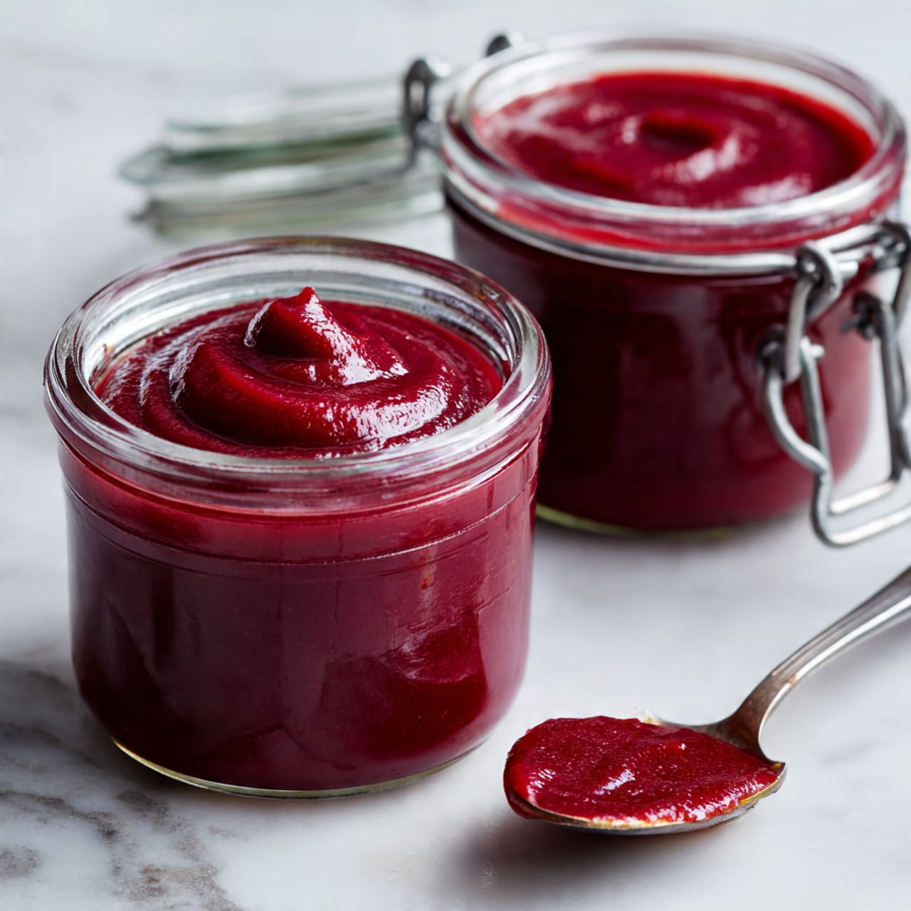 A glass jar filled with thick, deep red tomato paste, with a textured surface showing swirls and a slightly rough top, the jar is open with its lid resting on the white marbled surface beside it. A small label with