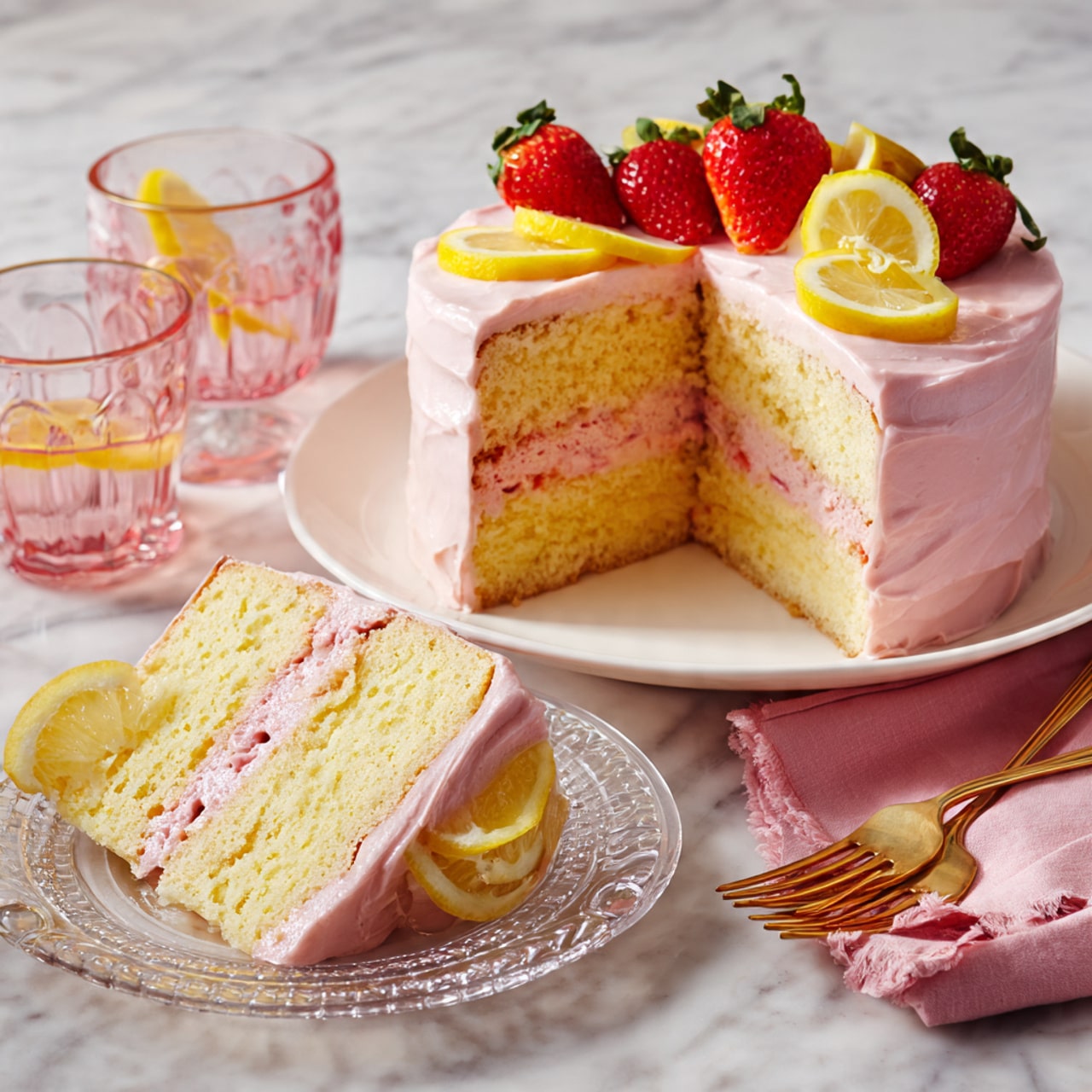 A round, four-layer yellow cake with pink frosting covers the outside and between each layer. On top, there are fresh red strawberries and bright yellow lemon slices arranged neatly. One slice of the cake is cut and placed on a clear white glass plate nearby, showing the distinct pink filling between the soft cake layers. The cake sits on a white plate on a white marbled surface. A woman's hand with a pink cloth is near the slice, with two pink-tinted glasses and two gold forks beside the cake. photo taken with an iphone --ar 4:5 --v 7