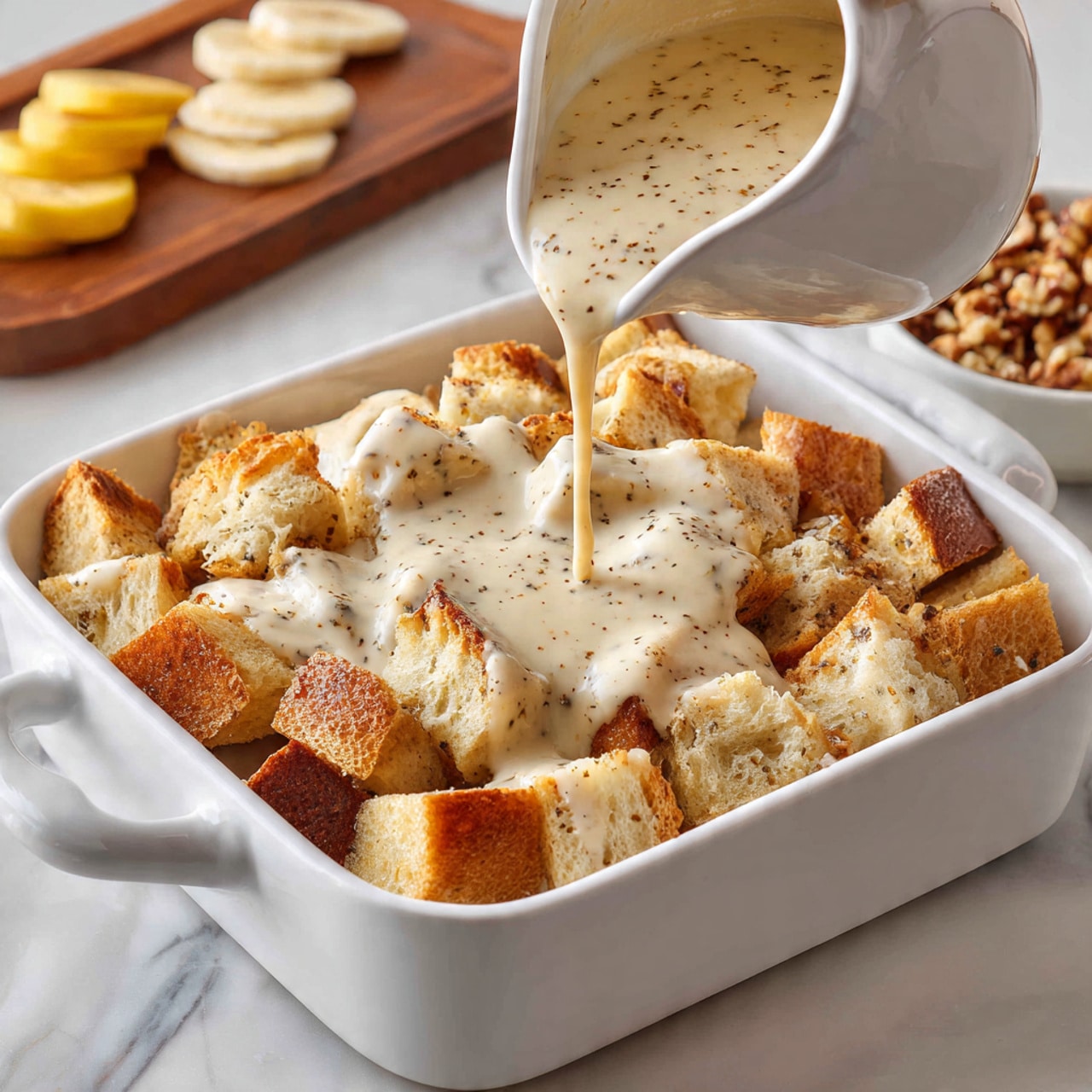 A white rectangular baking dish filled with a bread pudding layered in uneven pieces of light brown and golden bread soaked in a pale creamy liquid. The top layer is sprinkled with coarse, crumbly light brown sugar, giving a grainy texture and a slightly golden sheen. The dish rests on a white marbled surface, with a folded white and thin black-striped cloth partially visible on the right side. Photo taken with an iphone --ar 4:5 --v 7