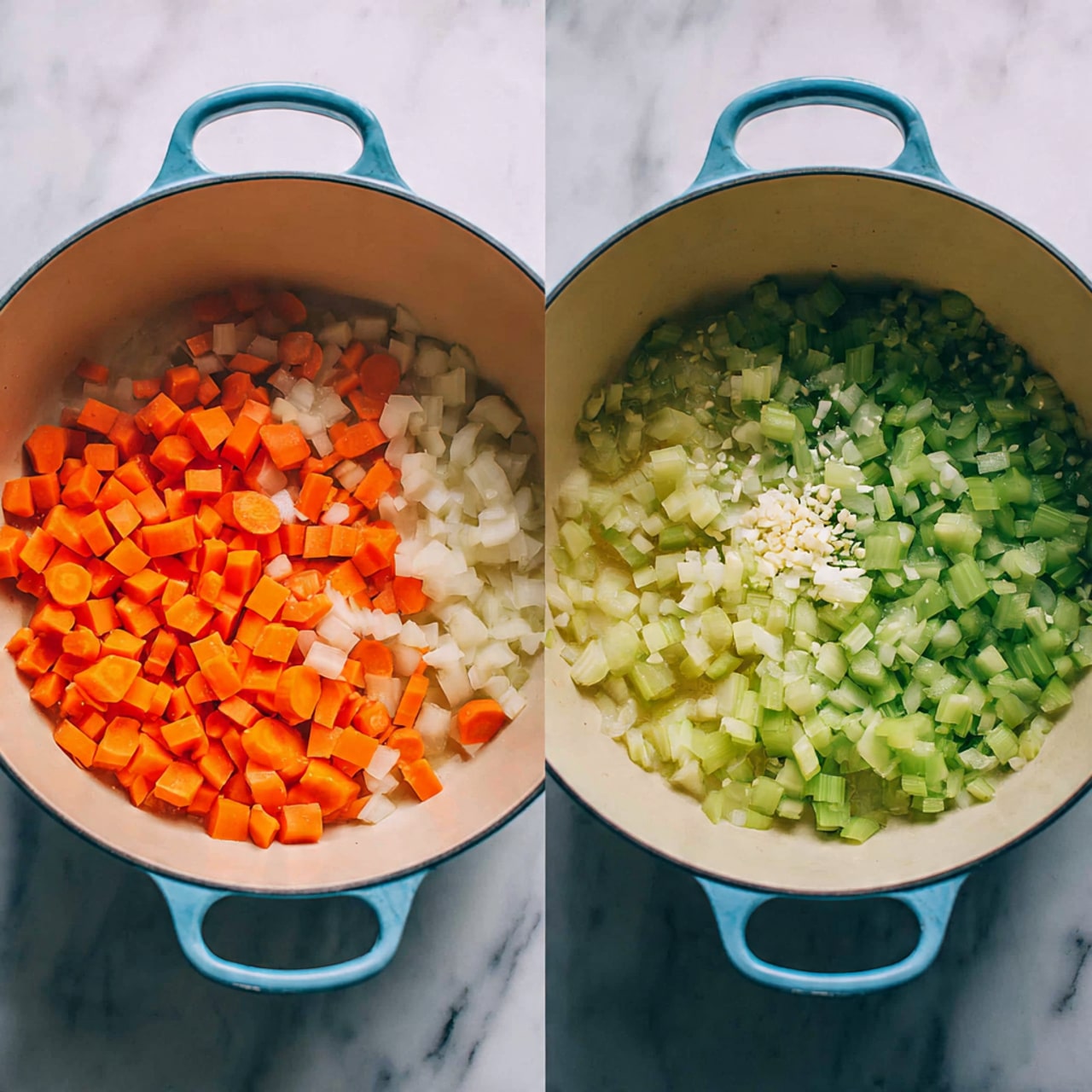 A close-up of a bowl of thick chicken soup with three clear layers: the bottom layer is creamy yellow broth, the middle layer has small white rice-like pasta and shredded white chicken pieces mixed with tiny orange carrot cubes, and the top layer is lightly sprinkled with fresh green dill herbs scattered evenly. The soup is in a white bowl with a slightly raised rim, placed on a white marbled surface with a small piece of bread on the right and two yellow lemon halves in the blurred background. A woman's hand is holding a spoon dipping into the soup on the left edge of the bowl photo taken with an iphone --ar 4:5 --v 7