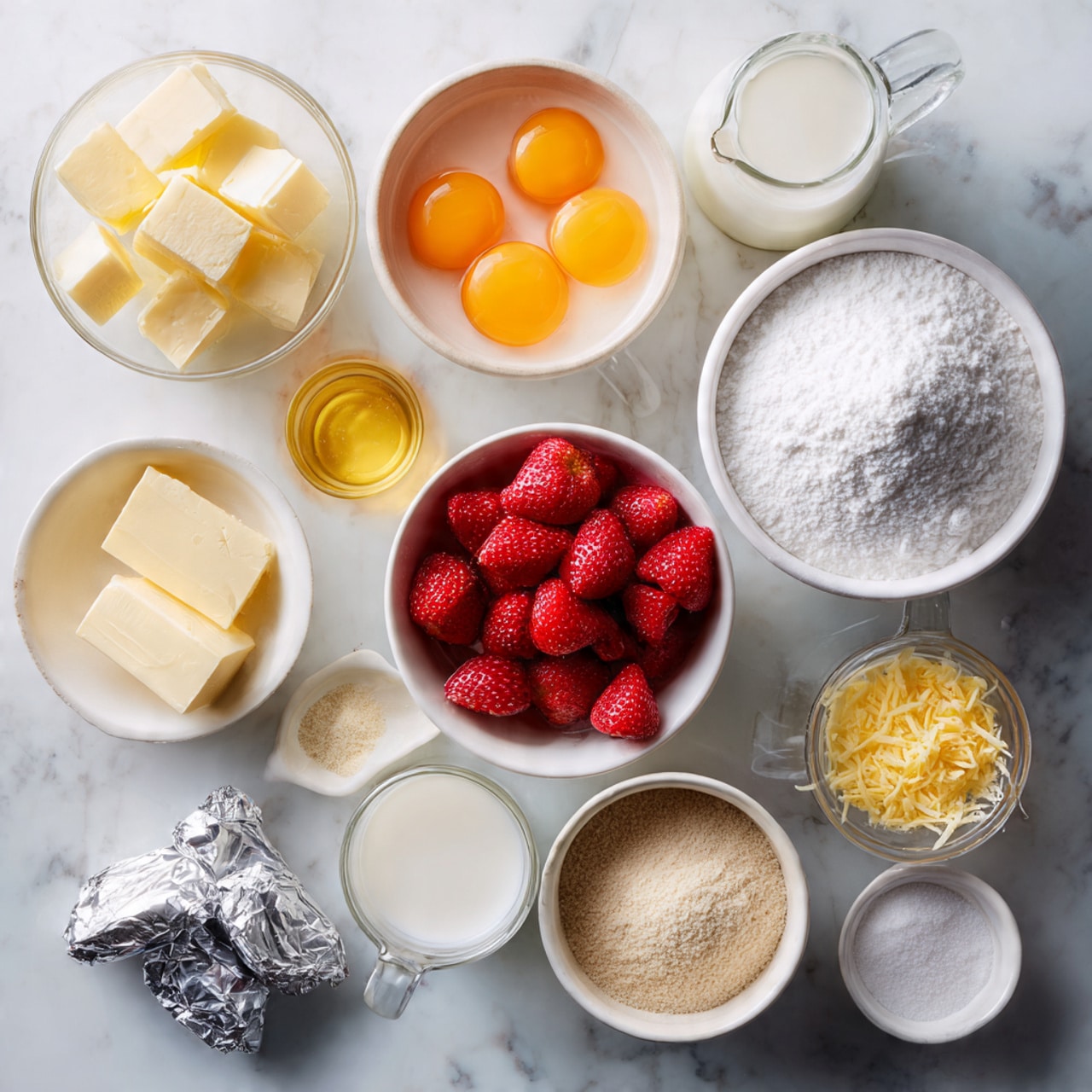 A top-down view of various baking ingredients arranged neatly on a white marbled surface: a large white bowl filled with bright white granulated sugar near the top right, a smaller white bowl on the bottom right containing light brown flour, and a small clear glass bowl with a white powder near the middle. To the left, there is a white bowl filled with chunks of pale yellow butter, a clear glass bowl with four deep orange yolks, and a white bowl full of fresh red strawberry pieces near the top center. Around these, clear measuring jugs contain off-white milk and light yellowish liquid, a small white bowl has shredded orange zest, and a few other clear bowls hold various white powders and melted yellow butter. In the bottom left, two foil-wrapped butters rest on the surface. The scene is softly lit and looks ready for baking. Photo taken with an iphone --ar 4:5 --v 7
