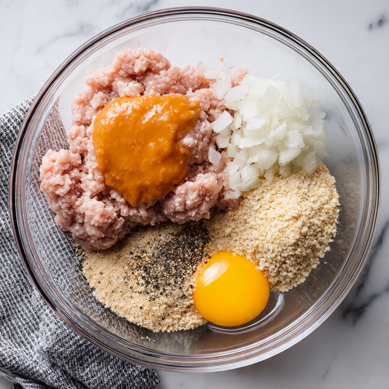 A clear glass bowl on a white marbled surface holds six separate ingredients. There are two large clumps of pale pink ground meat positioned on the left side. On top of the left meat, there is a dollop of orange sauce with a smooth texture. To the right of the meat, a heap of small, white, finely chopped onions is placed. Above the onions, there is a mound of light tan breadcrumbs with a slightly grainy texture. Near the bottom right edge of the bowl, an egg with a bright yellow yolk and clear whites is clearly visible. A sprinkle of black pepper and seasoning lies over the onions and breadcrumbs. A gray and white checkered cloth is partially tucked under the bowl on the bottom left corner. photo taken with an iphone --ar 4:5 --v 7