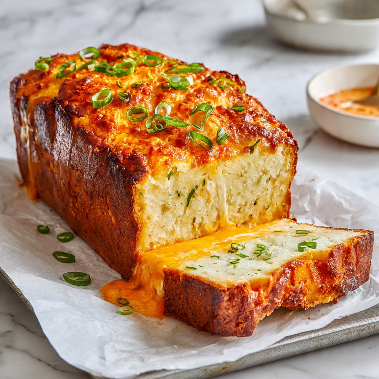 A golden-brown baked loaf with a slightly crispy and textured top layer is placed on white parchment paper over a white marbled surface. The loaf is partially sliced, revealing a gooey orange melted cheese layer inside. Thin green slices of spring onion are scattered on top and around the loaf for a fresh touch. The edges of the parchment paper show some browned, crispy spots from baking. A metal spatula is partly visible on the right side. photo taken with an iphone --ar 4:5 --v 7