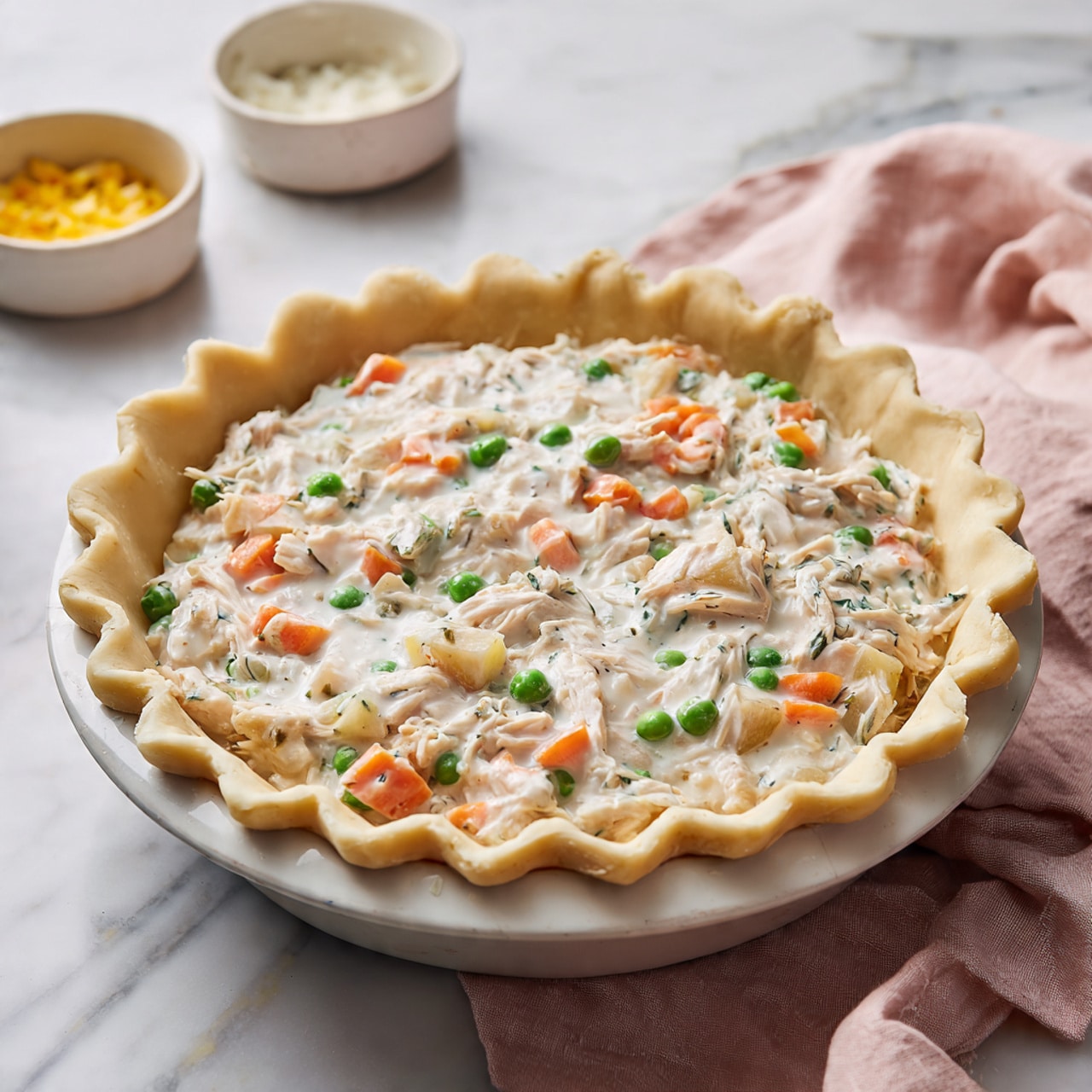 A golden brown pie with a flaky crust sits at the center of a white plate. The top layer of crust is cooked to a shiny, crisp texture with small cuts allowing hints of colorful vegetables inside, such as orange carrots and green herbs. The pie’s edges are crimped unevenly, adding a homemade feel. On top, a fresh green sprig of thyme is placed decoratively, with some coarse salt sprinkled over the surface. The plate rests on a soft peach-colored cloth, and fresh thyme sprigs lay flat on a white marbled textured surface nearby. A small white bowl of salt is also seen in the frame, photo taken with an iphone --ar 4:5 --v 7