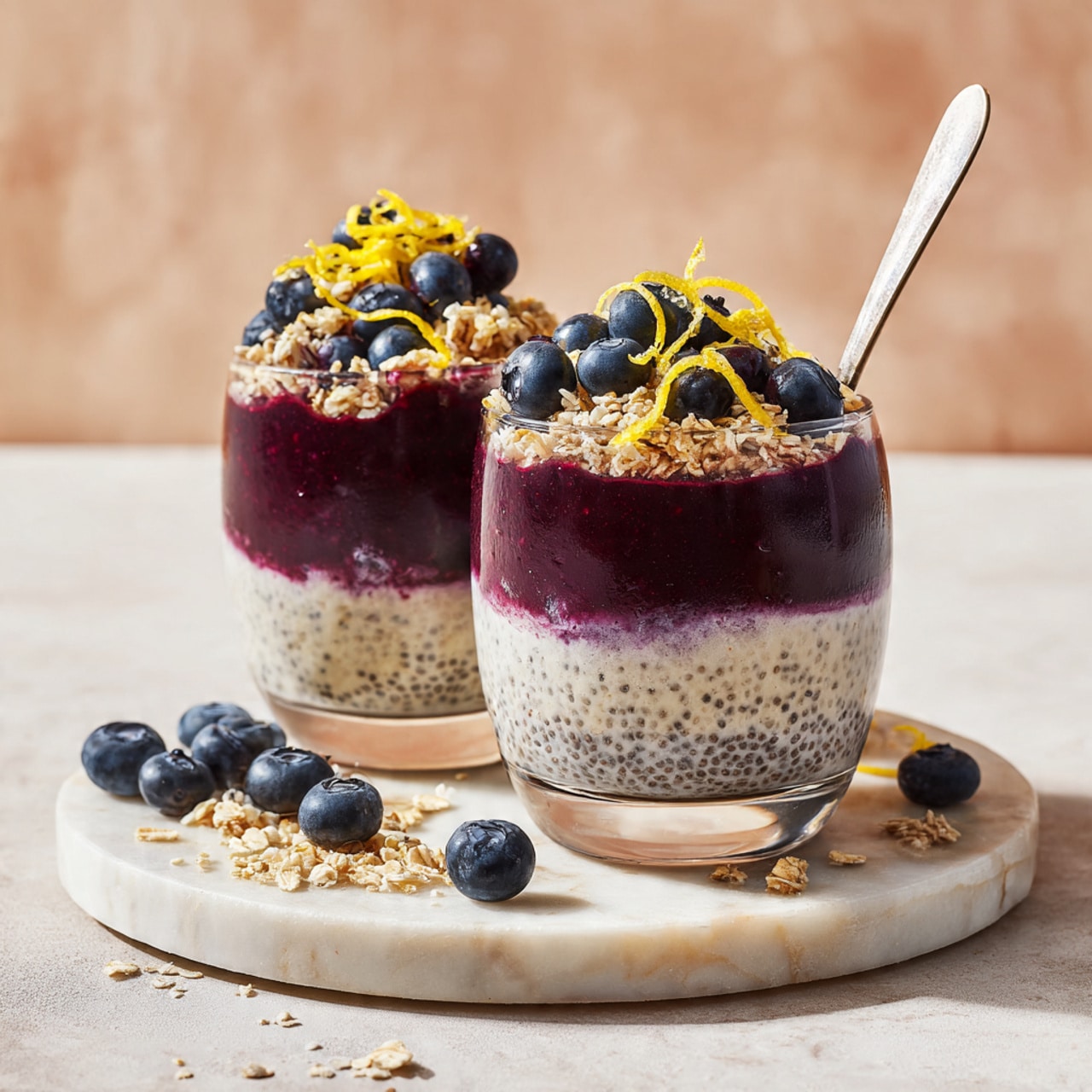 Two clear glasses sit on a round white marble tray with scattered granola and fresh blueberries around them. Each glass has three main layers: the bottom layer is a creamy white mixture with visible chia seeds and small blueberries, the middle layer is a thick, deep purple blueberry jam, and the top layer is again the creamy white mixture. On top of each glass, there is a generous sprinkle of granola, fresh blueberries, and small yellow lemon zest strips. One glass has a spoon standing inside it. The background is a soft peach color, and the surface beneath the tray is white marbled texture. photo taken with an iphone --ar 4:5 --v 7