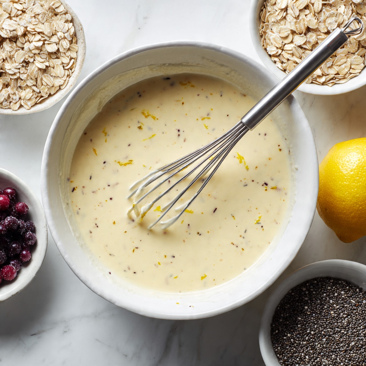 The image shows a large white bowl filled with a creamy, pale yellow liquid with small flecks of lemon zest scattered throughout. Inside the bowl, a silver whisk rests, partially submerged in the mixture. Surrounding the bowl are three smaller white bowls: one is filled with rolled oats mixed with tiny black chia seeds, another holds dark purple frozen berries, and a whole lemon sits nearby on the white marbled surface. The oats have a rough, dry texture, while the berries are frosty and shiny, and the lemon has a bright, smooth outer peel. photo taken with an iphone --ar 4:5 --v 7