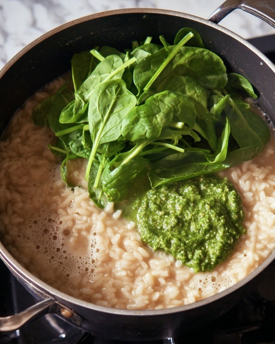 A close-up of a pot filled with creamy risotto with small grains, showing a pale beige color and a smooth, slightly bubbly texture. On top of the risotto, there is a heap of fresh, bright green spinach leaves with a soft and slightly shiny texture. Next to the spinach, a scoop of vibrant green, coarse-textured pesto sauce rests gently on the risotto’s surface. The pot is black with silver edges, sitting on a stove with visible bubbles in the risotto indicating it is cooking. The background is a white marbled texture. photo taken with an iphone --ar 4:5 --v 7