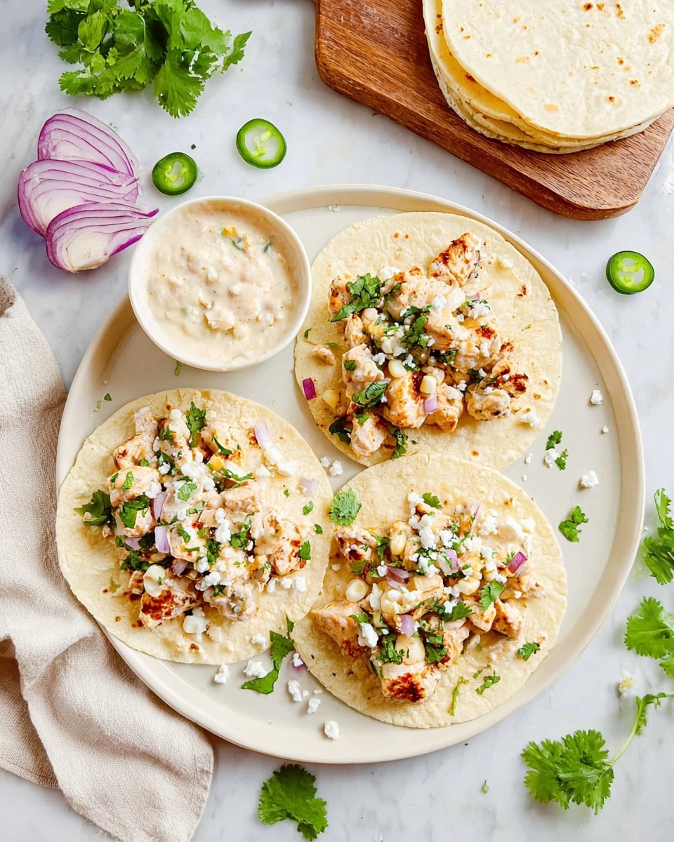 Three soft white tortillas lie flat on a round white plate, each topped with chunks of cooked chicken mixed with a creamy sauce containing visible corn and small red onion pieces. The chicken mix is sprinkled generously with fresh green cilantro leaves and white crumbly cheese. More creamy sauce is served in a small white bowl near the plate. The plate rests on a white marbled surface with scattered cilantro leaves, a few slices of green jalapeno, and part of a red onion visible nearby. A wooden board holds extra soft white tortillas, partly covered by a light cloth. Photo taken with an iphone --ar 4:5 --v 7