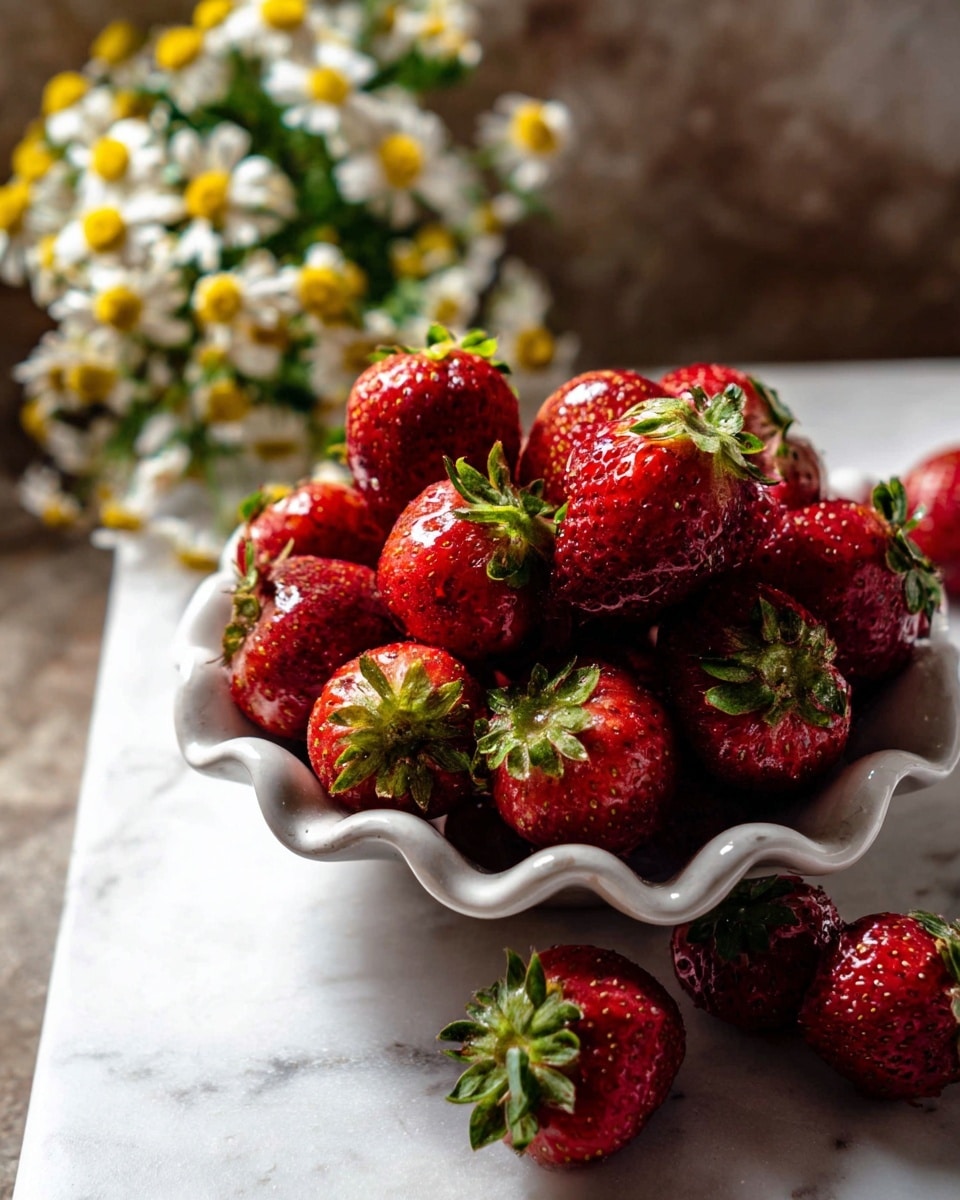 A white scalloped-edge bowl is filled with many fresh, red strawberries with green leafy tops. The strawberries have a textured surface with seeds visible, and they pile high in the bowl. The bowl stands on a white marbled surface, with more strawberries placed in front of it. In the background, out of focus, there is a bunch of small white and yellow flowers. The lighting highlights the shiny, wet look of the strawberries. photo taken with an iphone --ar 4:5 --v 7