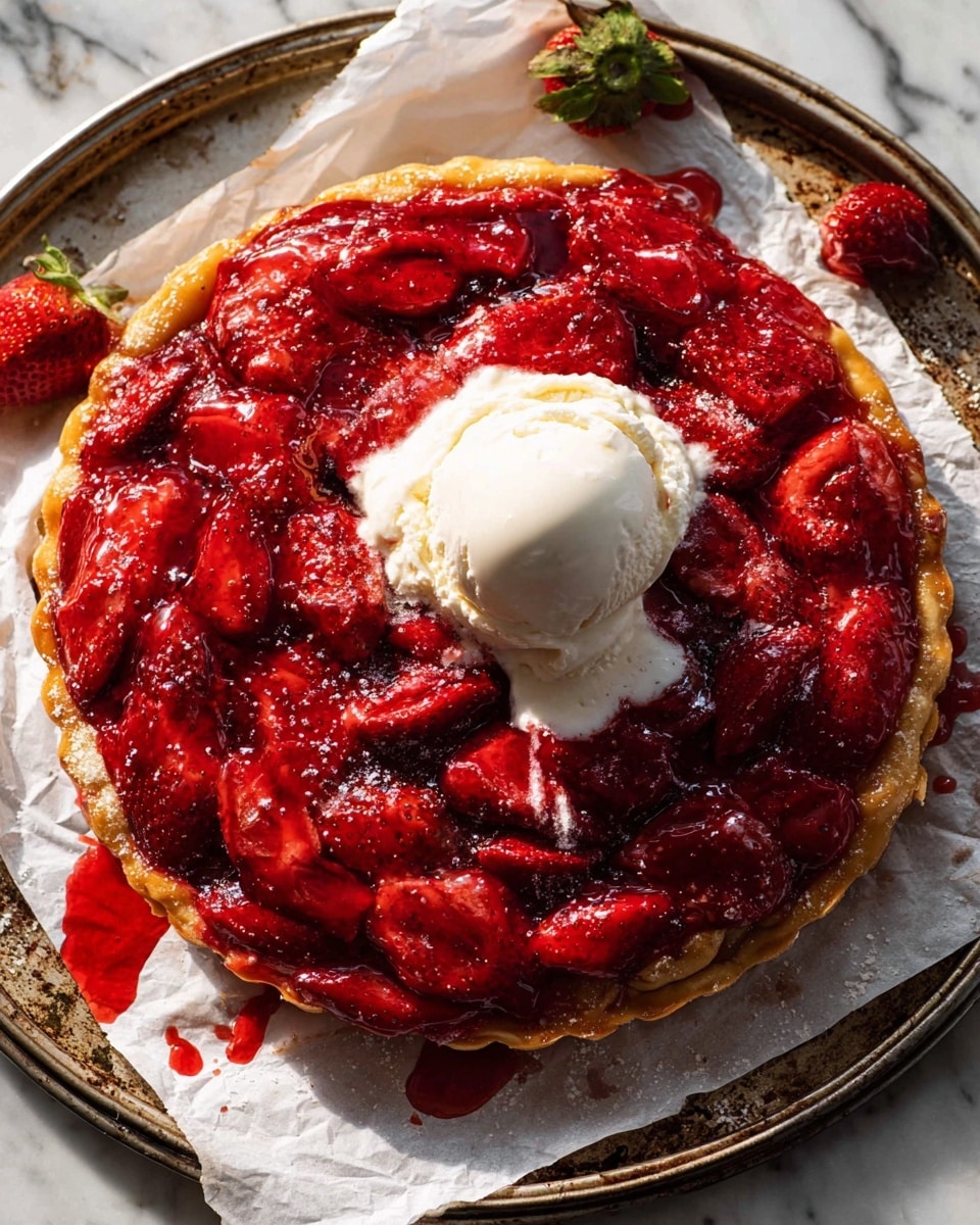 A round strawberry tart sits on a white marbled surface, placed on white parchment paper on a weathered metal tray; the tart has a golden, flaky crust visible at the edges with a thick, bright red strawberry topping covering the entire surface, showing large, glossy strawberry pieces that look soft and juicy; in the center of the tart, there is a single scoop of melting white vanilla ice cream with cream slowly spreading over the strawberries, creating a contrast between the red and white; the overall look is rustic with some strawberry juice dripping off the tart onto the parchment paper; photo taken with an iphone --ar 4:5 --v 7