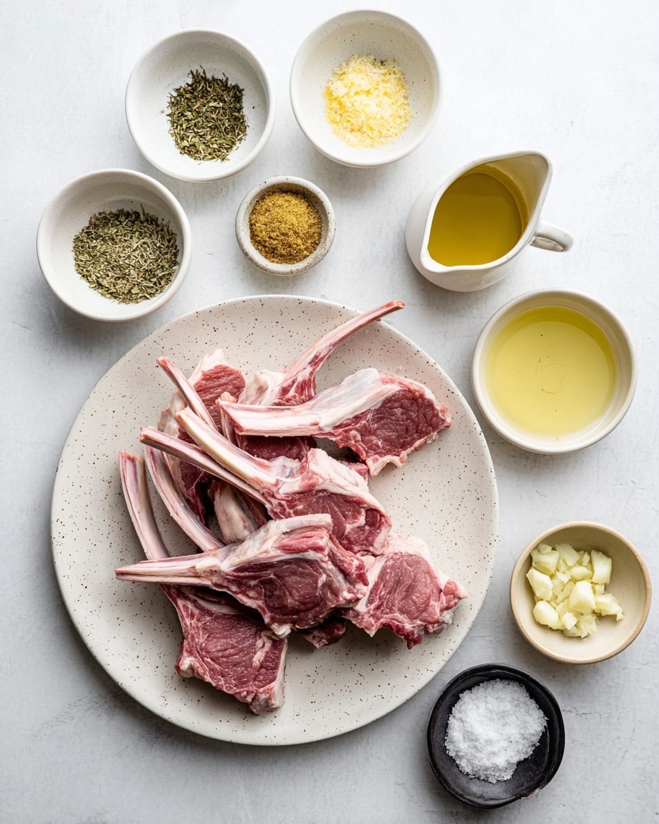 The image shows a white speckled round plate filled with seven raw lamb chops, each having pink meat with white fat along the edges and long bones extending outwards, arranged in a loose pile at the bottom center of the frame. Surrounding the plate on a white marbled surface, there are eight small white bowls containing various ingredients: dried green herbs in the top left, ground pepper top center, a yellow mustard-like paste top right, lemon zest in a tiny bowl just below the pepper, olive oil in a small spouted jug next to that, a pale yellow liquid in a bowl to the right, chopped garlic in a beige bowl near the lamb chops, dried oregano in a bowl at the bottom left, and coarse sea salt in a small black bowl between the herbs and garlic. All elements are evenly spaced, well-lit, and neatly presented. photo taken with an iphone --ar 4:5 --v 7