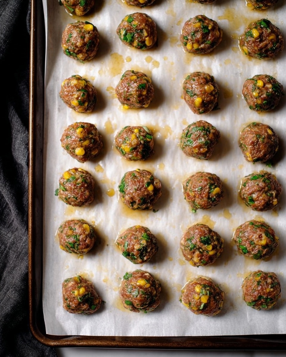 A black pan filled with chunky bright red tomato sauce, with many small round brown meatballs covered in the sauce scattered evenly throughout. Some small green herb bits are visible in the sauce and on the meatballs, adding a fresh touch. The pan rests on a dark surface with a black cloth with white stripes nearby. The sauce has a thick, slightly textured look with a shiny, wet surface. Photo taken with an iphone --ar 4:5 --v 7