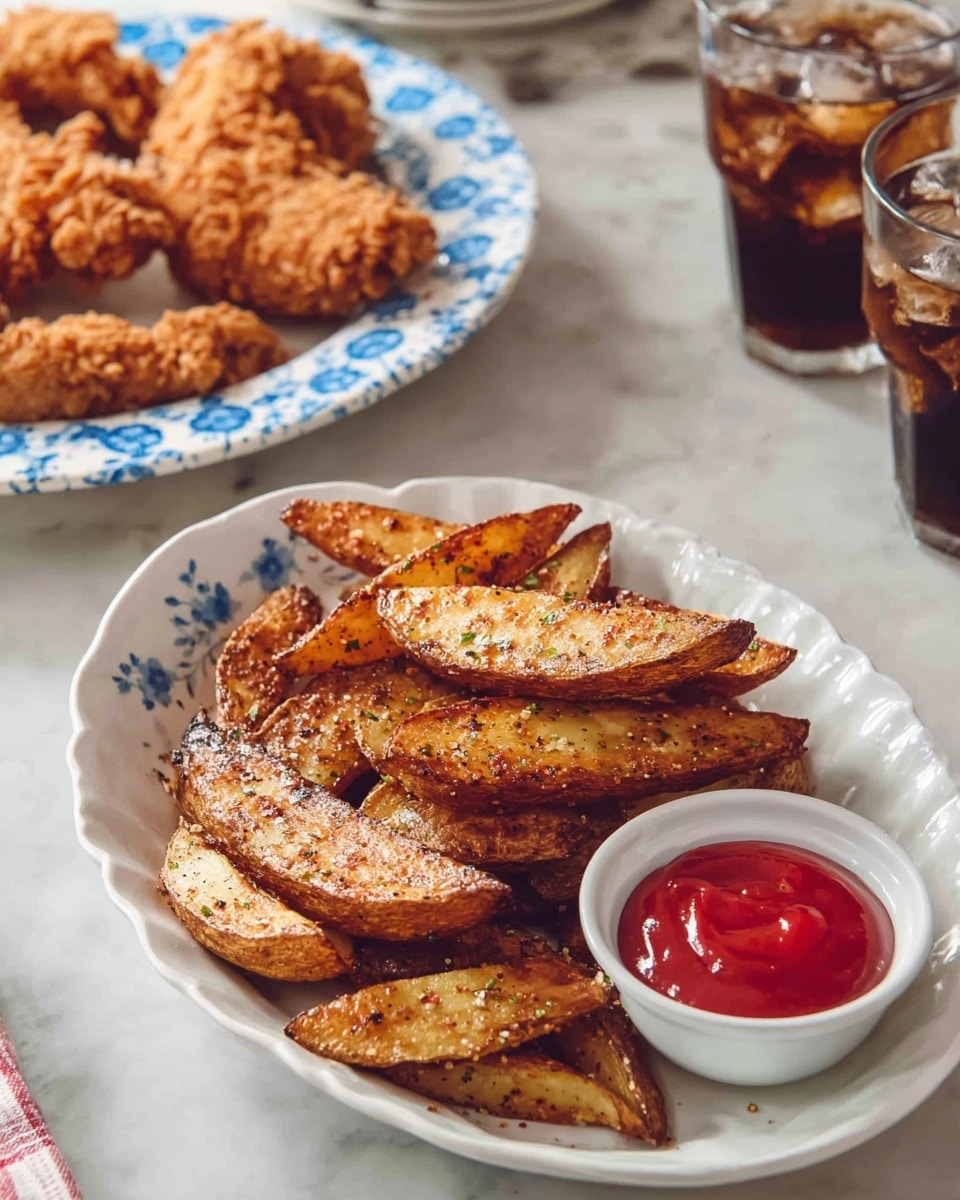 A white oval plate holds a stack of golden brown potato wedges with crispy edges and light seasoning sprinkled on top, next to a smaller white round bowl filled with bright red ketchup placed on the right side of the plate; behind it is a larger white plate with blue floral patterns filled with several pieces of crispy fried chicken with a crunchy textured surface, all set on a white marbled table, accompanied by two clear glasses filled with dark soda and ice cubes. photo taken with an iphone --ar 4:5 --v 7