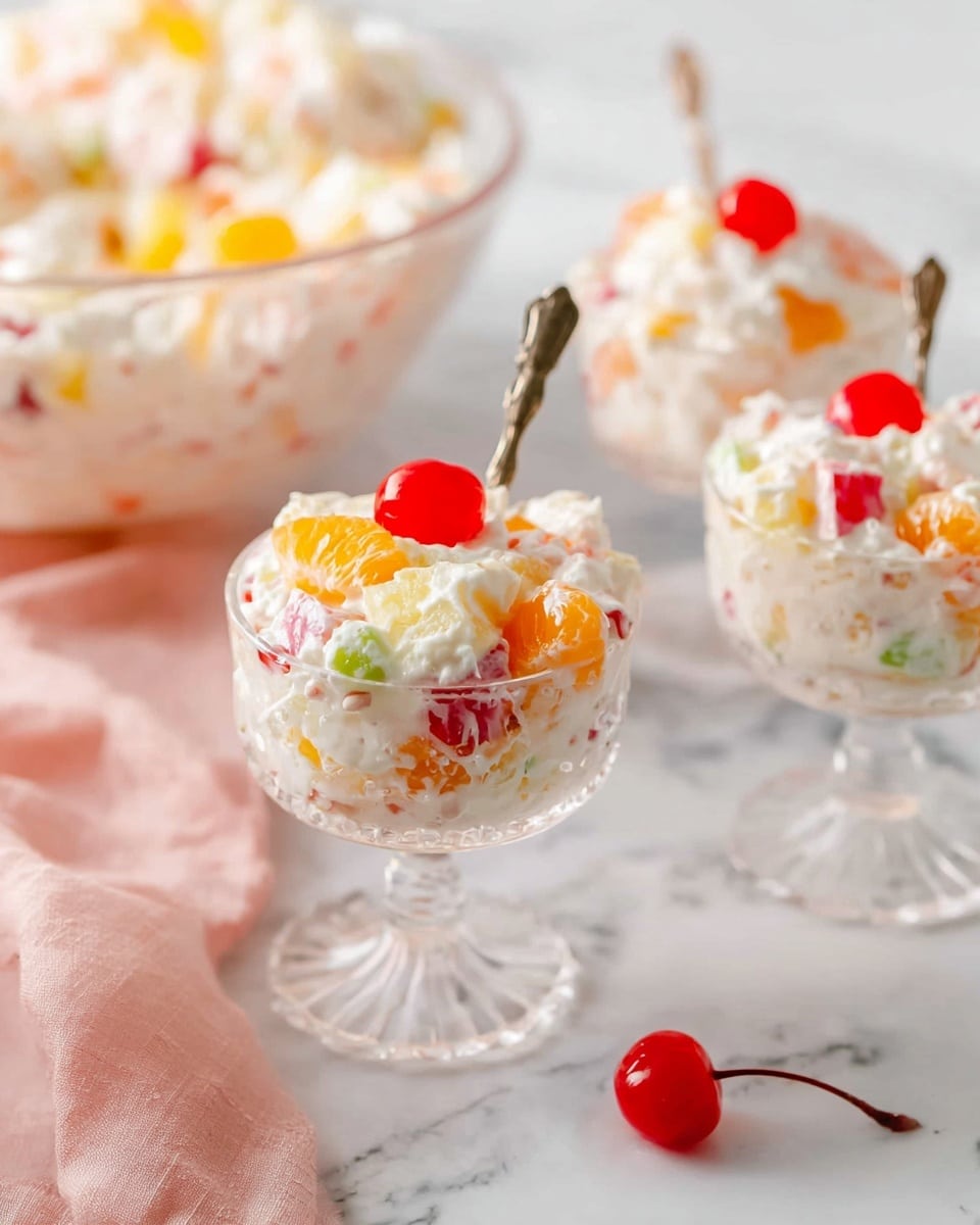 The image shows two clear glass bowls on a white marbled surface. In the left bowl, there are three layers: a thick white creamy layer at the bottom, a middle layer of small yellowish pineapple pieces, and a top layer of bright orange mandarin segments being added from above. In the right bowl, the same layers from the left are visible with an additional layer of red cherry halves on top of the mandarins, and above that, a woman's hand is pouring many small pastel-colored mini marshmallows (pink, green, yellow, and white) into the bowl. photo taken with an iphone --ar 4:5 --v 7