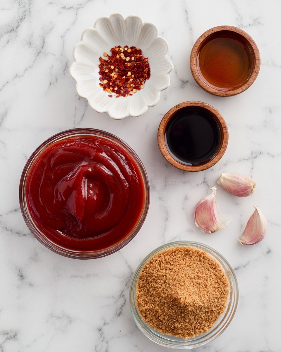 The image shows a small glass jar filled with thick, smooth, dark red sauce with a glossy texture, sitting on a round wooden board. Next to the jar on the board is a wooden spoon with a dollop of the same sauce. In the background, there is a partially visible second glass jar with some orange sauce inside, a white bowl filled with light brown powder, and a small white scalloped dish holding red chili flakes. The scene is set on a white marbled surface with a black and white striped cloth partially visible on the left. Photo taken with an iphone --ar 4:5 --v 7