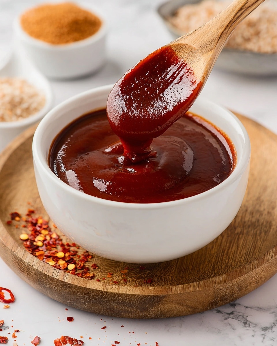 A clear glass bowl filled with thick, glossy red sauce sits at the bottom left of the image on a white marbled surface. To the right of it is a smaller clear glass bowl filled with light brown crumbly sugar. Above these, three small round wooden bowls hold dark sauces and a light brown liquid, positioned in a triangle. At the top left is a white scalloped bowl with red chili flakes inside. Near the top right, two cloves of garlic with pale pink and white skin lay next to the bowls. The whole scene is bright and clean. photo taken with an iphone --ar 4:5 --v 7