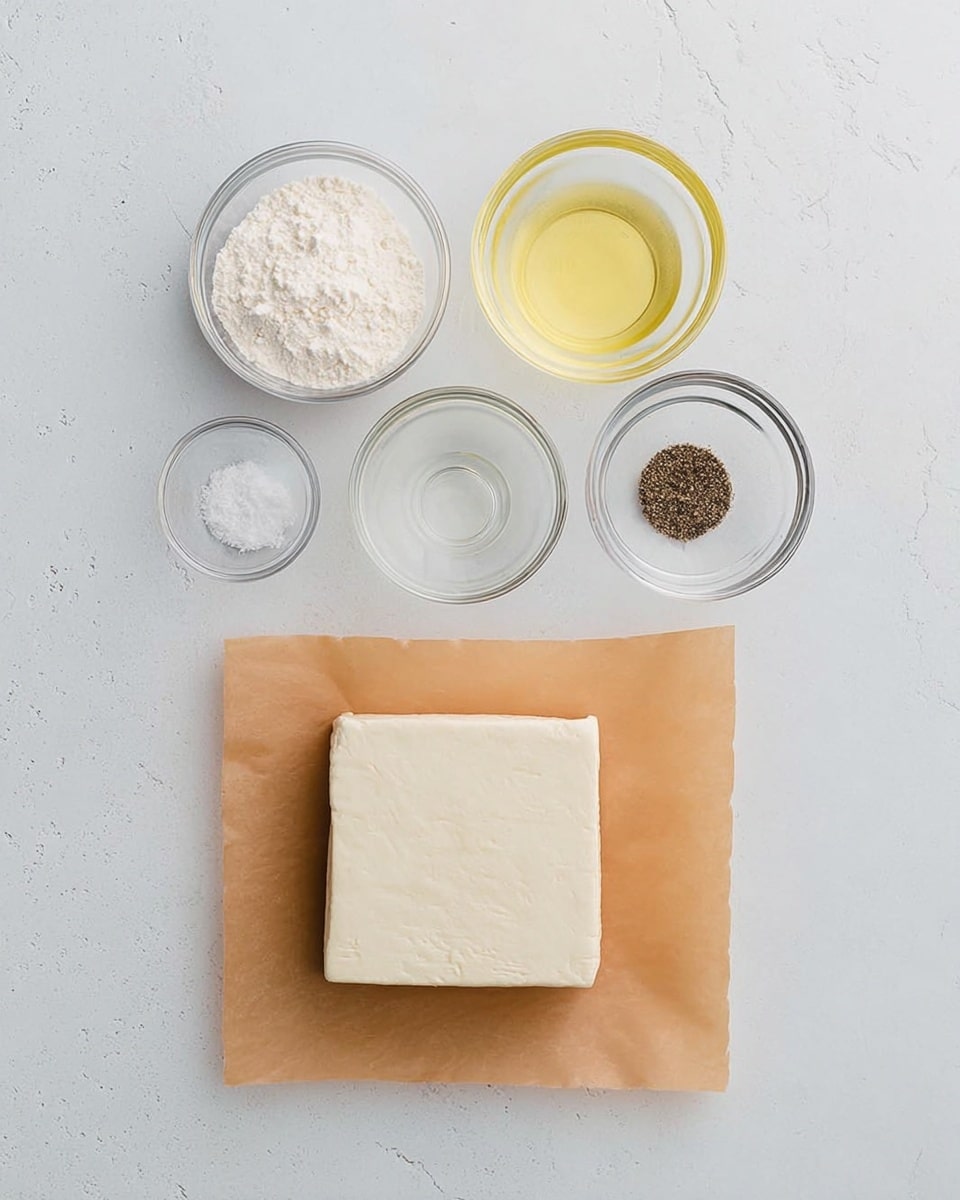 A simple top view of five cooking ingredients arranged neatly on a white marbled surface: a large square block of firm white tofu placed on a rectangular piece of brown parchment paper is at the bottom center; above it are four small round clear glass bowls arranged loosely in a square shape with cornstarch in the white bowl on bottom left, a pale yellow liquid (likely oil) in a white bowl on bottom right, coarse salt crystals in a small glass bowl on top right, and cracked black pepper in a small glass bowl on top left. The setup is clean and minimal with soft natural lighting, photo taken with an iphone --ar 4:5 --v 7