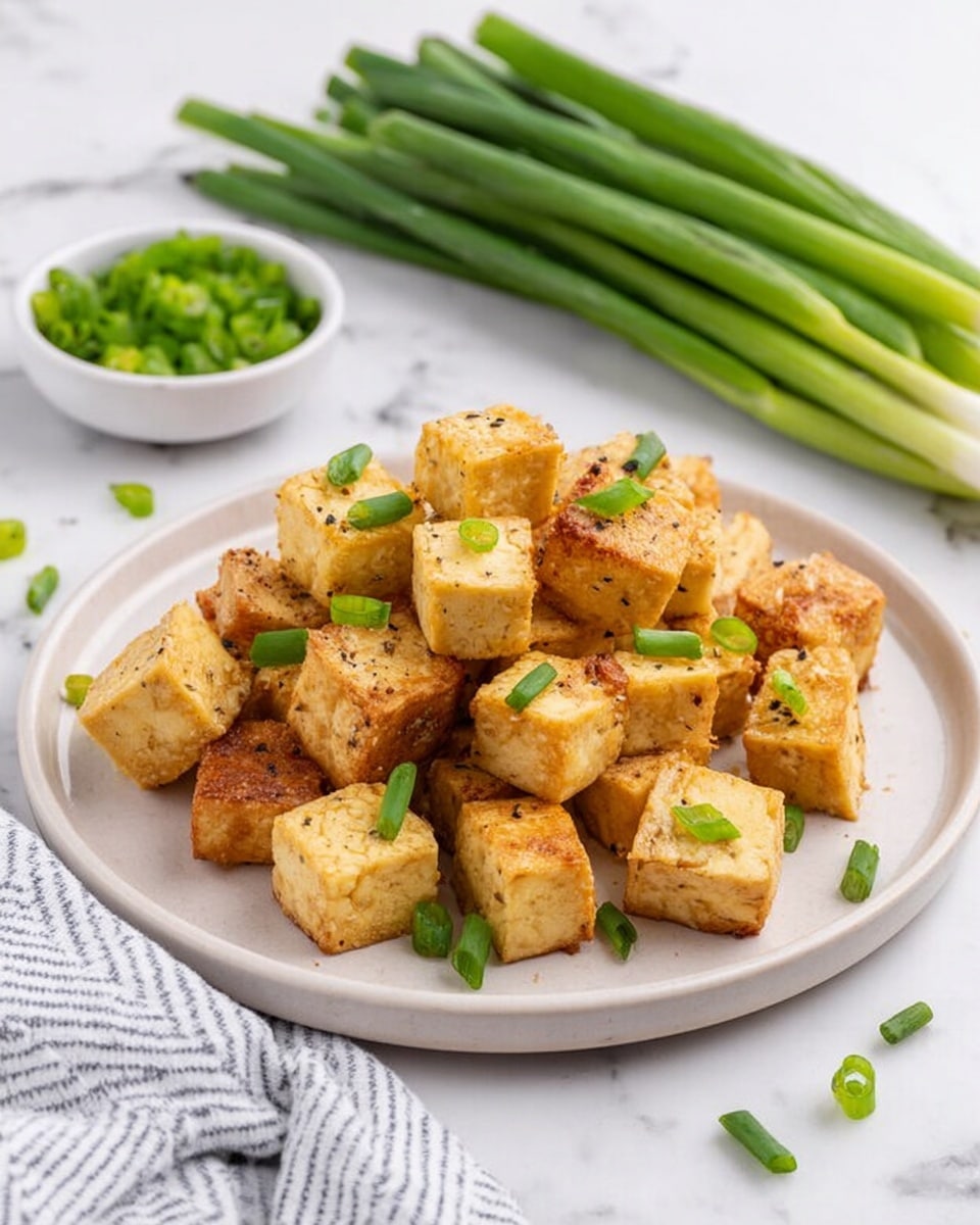 A white plate holds many small golden-brown tofu cubes that appear crispy on the outside. Each cube has uneven light and dark golden patches, showing a crunchy texture with light seasoning visible as tiny black specks. Bright green small rings of sliced green onions are scattered on top and around the tofu, adding a fresh pop of color. The plate rests on a white marbled surface, and some whole green onions are softly blurred in the background. photo taken with an iphone --ar 4:5 --v 7