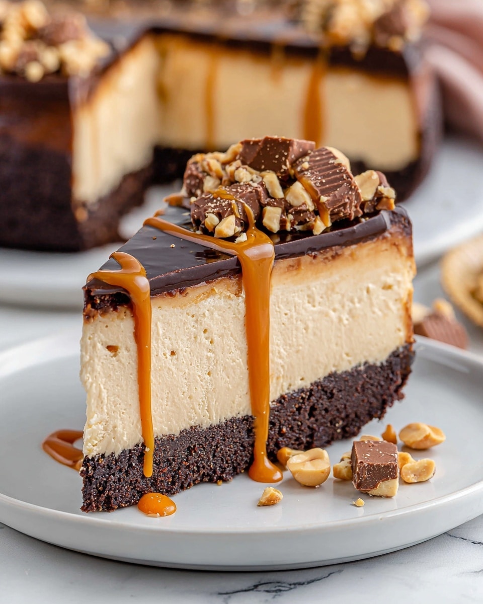 The final dish is a round dessert with three visible layers on a white plate sitting on a white marbled surface. The bottom layer is a dark, finely textured chocolate crust that is smooth and evenly pressed into the pan. On top of that is a thick, creamy peanut butter layer with a light tan color that is evenly spread with slight swirl marks. The topmost layer is a shiny, dark chocolate ganache with a smooth, glossy texture, spread evenly, and decorated along the edge with chopped pieces of peanut butter cups, adding a rough, chunky texture and a mix of dark chocolate and light brown peanut butter colors. Photo taken with an iphone --ar 4:5 --v 7