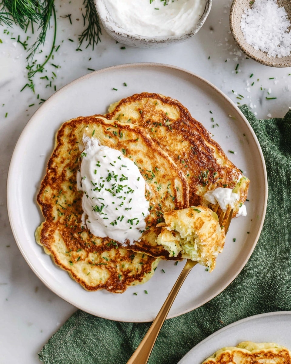 The image shows two golden-brown pancakes with uneven edges on a white round plate, topped with a dollop of white cream and sprinkled with small green herb pieces. One pancake is on top of the other, and a fork is holding a piece of the top pancake covered with some white cream. The background is a white marbled surface with scattered green herb leaves, a small dish of white salt flakes, and a small dish of white cream with green herbs nearby. A green cloth napkin is partially visible under the plate. Photo taken with an iphone --ar 4:5 --v 7