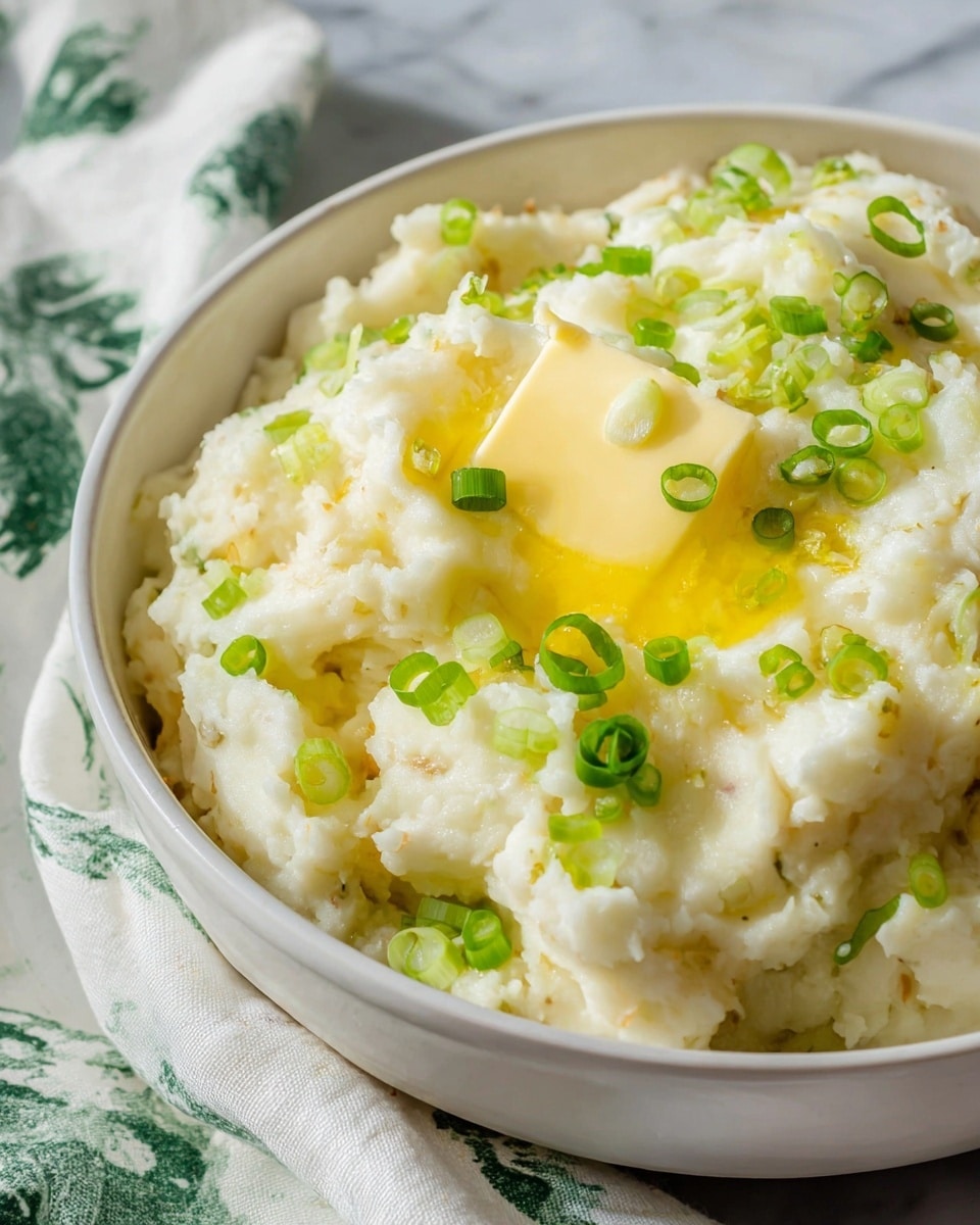 A close-up view of a bowl filled with creamy mashed potatoes that have a soft, lumpy texture mixed with small bits of green onions. On top, there is a thick square of melting yellow butter spreading into the potatoes. Chopped bright green scallions are scattered all over the mashed potatoes, adding a fresh contrast. The bowl is white and sits on a white marbled surface with a white cloth behind it showing green leaf patterns. The lighting highlights the smooth and rich details of the food. photo taken with an iphone --ar 4:5 --v 7