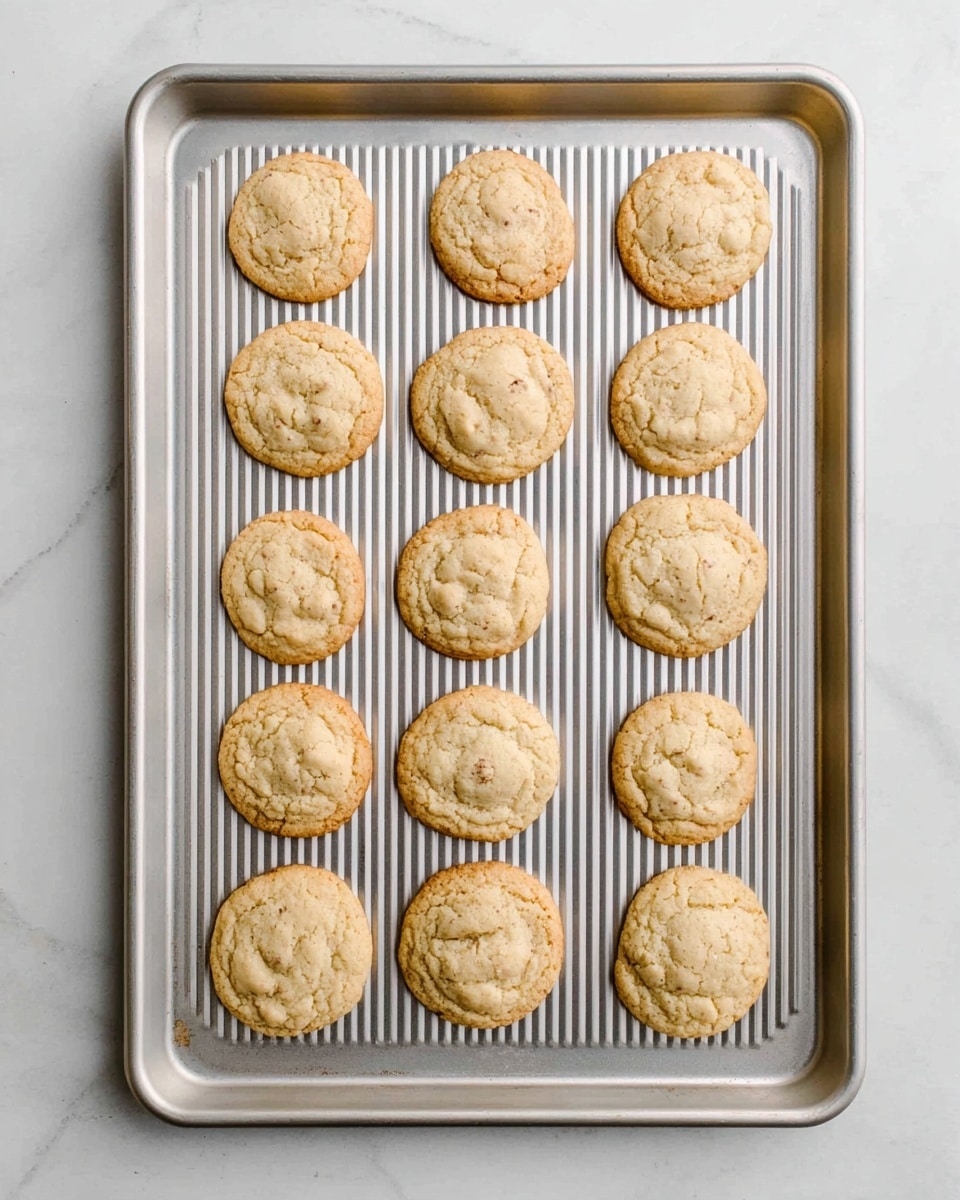 The image shows a pile of small round cookies dusted with white powdered sugar. One cookie is broken in half and placed on top, revealing a smooth, dark chocolate triangle inside. The cookies are light golden-brown with a crumbly texture, and the powdered sugar gives them a soft, snowy look. They sit on a white marbled surface with a soft green cloth in the background. photo taken with an iphone --ar 4:5 --v 7