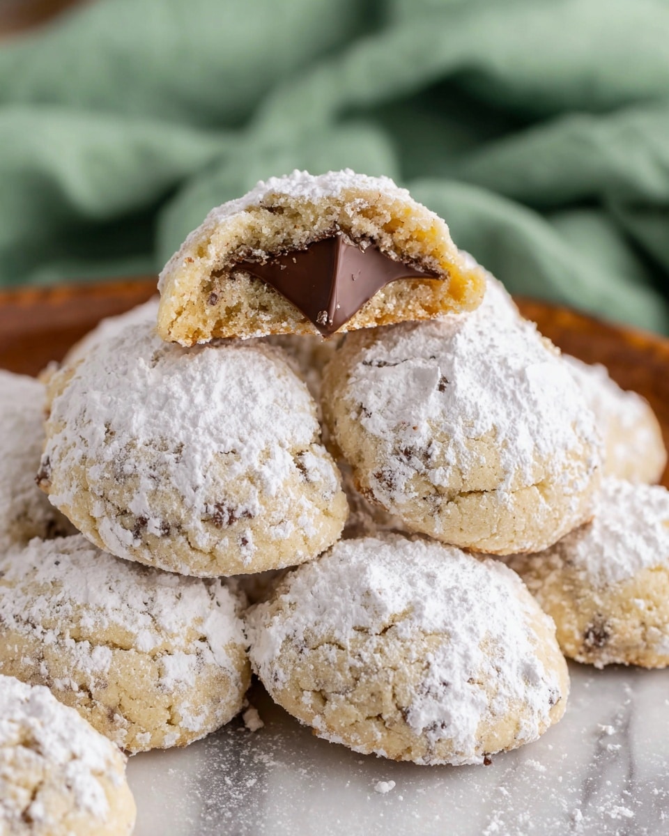 The image shows a group of round cookies covered in a thick layer of white powdered sugar, giving them a soft, snowy look. One cookie is broken in half, revealing a smooth, dark brown chocolate center in the middle with a crumbly, light tan outer cookie layer. The cookies are placed on a white marbled surface that contrasts with the powders and cookie color, making them stand out. Photo taken with an iphone --ar 4:5 --v 7