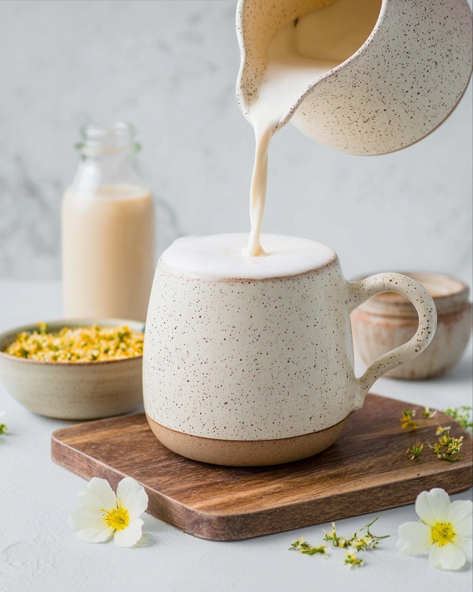 The image shows a white cup filled with a creamy light beige chamomile latte, topped with a small white and yellow chamomile flower and a sprinkle of brown powder, placed on a wooden board with natural wood grain textures. Next to the cup is a jar of golden honey and a wooden honey dipper resting against a beige cloth. To the right, there is a small white bowl filled with dried chamomile flowers, and scattered dried chamomile flowers are spread on the white marbled textured surface. Fresh white and yellow chamomile flowers lie around the scene, adding a fresh and natural feel. Photo taken with an iphone --ar 4:5 --v 7
