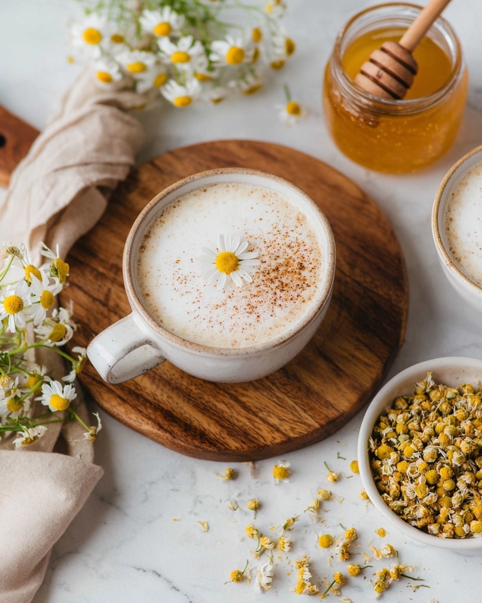 A large white speckled mug filled with a thick layer of white frothy foam topped with light brown powder, sitting on a wooden board. Around the mug are small white and yellow chamomile flowers scattered and a small glass jar of honey with a wooden honey dipper resting beside it. In the background, a clear jar holding more chamomile flowers and a white ceramic pitcher are visible, all placed on a white marbled surface. The scene is bright and soft with a gentle, natural light. photo taken with an iphone --ar 4:5 --v 7