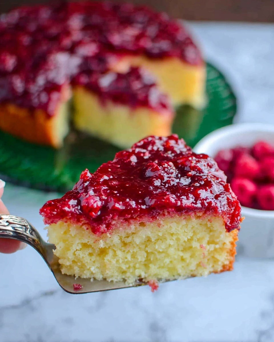 The image shows a round upside-down cake on a green glass plate, placed on a white marbled surface with a green cloth and a green patterned cloth in the background. The cake has two visible layers: the bottom layer is a golden yellow cake, and the top layer is a thick, shiny mixture of red cherries and cherry sauce with a glossy, slightly textured surface. The cherries are spread evenly, covering the entire top layer of the cake, giving it a rich, vibrant red color with varying shades from dark to light red. The edges of the cake are clean and smooth, showing a crisp boundary between the fruity top layer and the soft cake bottom. Photo taken with an iphone --ar 4:5 --v 7