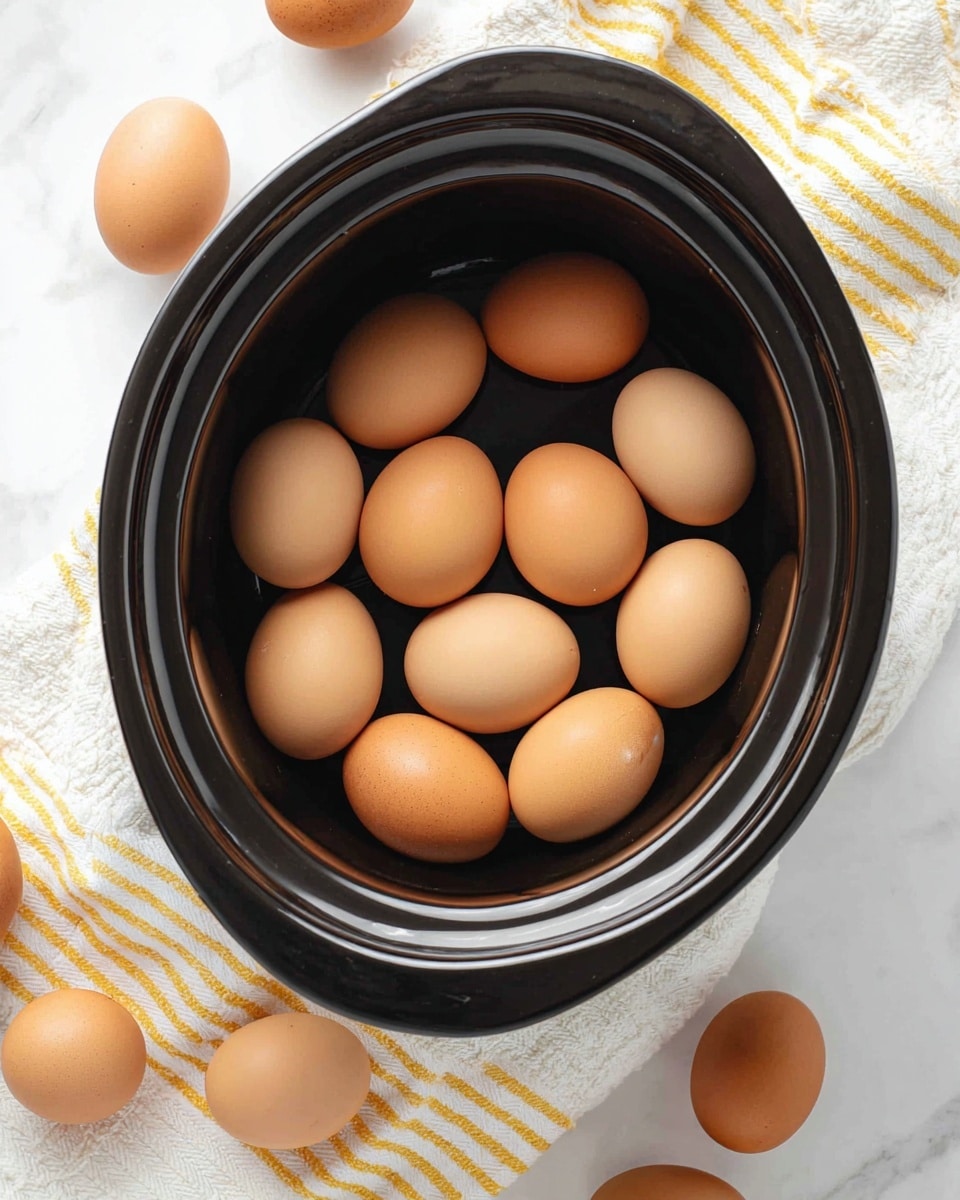 The image shows a black slow cooker pot filled with a single layer of about fifteen light brown eggs, evenly spread out inside the pot. The pot is placed on a white marbled surface with a white and yellow-striped cloth nearby and a few more light brown eggs sitting on the cloth and the surface around the pot. The setting is bright and clean, with soft natural lighting highlighting the smooth round shapes and brown shades of the eggs. Photo taken with an iphone --ar 4:5 --v 7