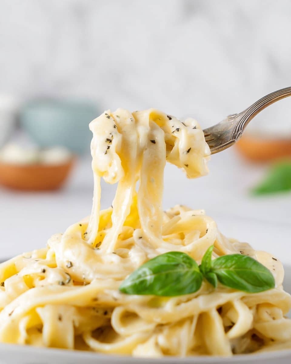 A close-up view of creamy pasta being stirred by a white spatula. The pasta strands are thick and long, coated in a smooth, light beige sauce with small bits of dark herbs scattered around. The texture of the sauce looks rich and velvety, clinging well to each pasta piece. The background is a white marbled texture. Photo taken with an iphone --ar 4:5 --v 7