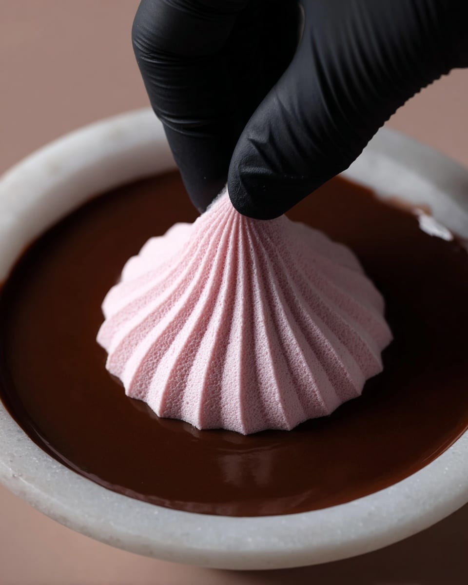 The image shows several small meringue cookies shaped like little swirls with pointed tops. Each cookie has two layers: the top layer is smooth and white with fine ridges spiraling to a point, while the bottom half is dipped in dark chocolate, creating a sharp color contrast. Around the chocolate-covered base, bright red crumbled pieces are attached, adding texture and color. The cookies are placed on a flat white marbled surface, scattered naturally with a few red crumbs around them. The focus is on the cookie in the center with other cookies softly blurred in the background, creating depth. Photo taken with an iphone --ar 4:5 --v 7