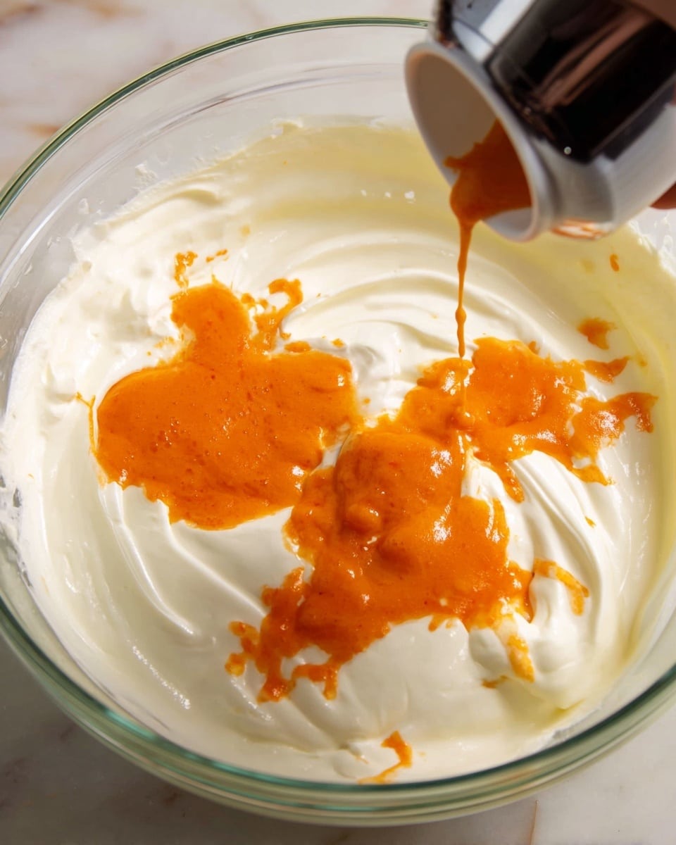 A slice of layered cheesecake sits on a white plate on a white marbled surface. The dessert has three clear layers: the bottom is a crumbly brown crust, the middle is a light orange creamy cheesecake layer, and the top is a smooth white cream layer with a circle of orange jelly in the center, surrounded by a small ring of white whipped cream dollops. In the background, there is another piece of the same cheesecake on a white plate and some whole and cut passion fruits along with small bright orange baby carrots scattered around. photo taken with an iphone --ar 4:5 --v 7