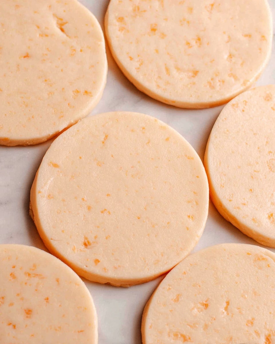 The image shows a close-up of light orange dough rolled flat with six round shapes cut evenly into the dough, each circle having a smooth texture with small bits visible inside. The dough pieces lay closely next to each other on a white marbled surface. The soft, smooth edges of the circles contrast slightly with the flat dough background, creating a neat pattern. photo taken with an iphone --ar 4:5 --v 7