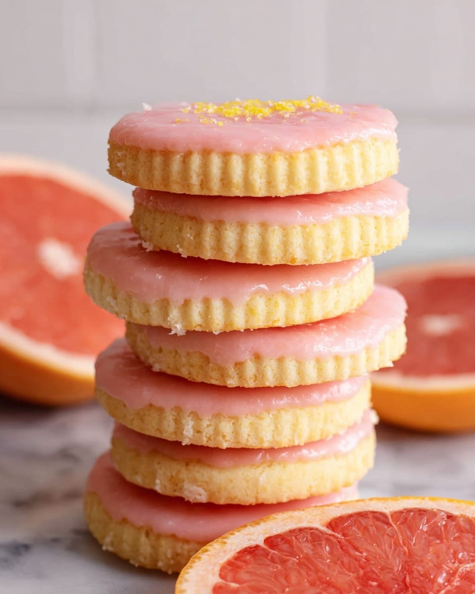 A stack of seven round cookies with a light yellow base and pink icing on top, each having a ridged edge, is balanced on a halved grapefruit showing its juicy, bright reddish-pink flesh and light orange rind. The cookies have a slightly textured surface under the icing, and the pink icing glistens softly, with some tiny sprinkles of a yellow decoration on the top cookie. The background is a clean white marbled texture. photo taken with an iphone --ar 4:5 --v 7