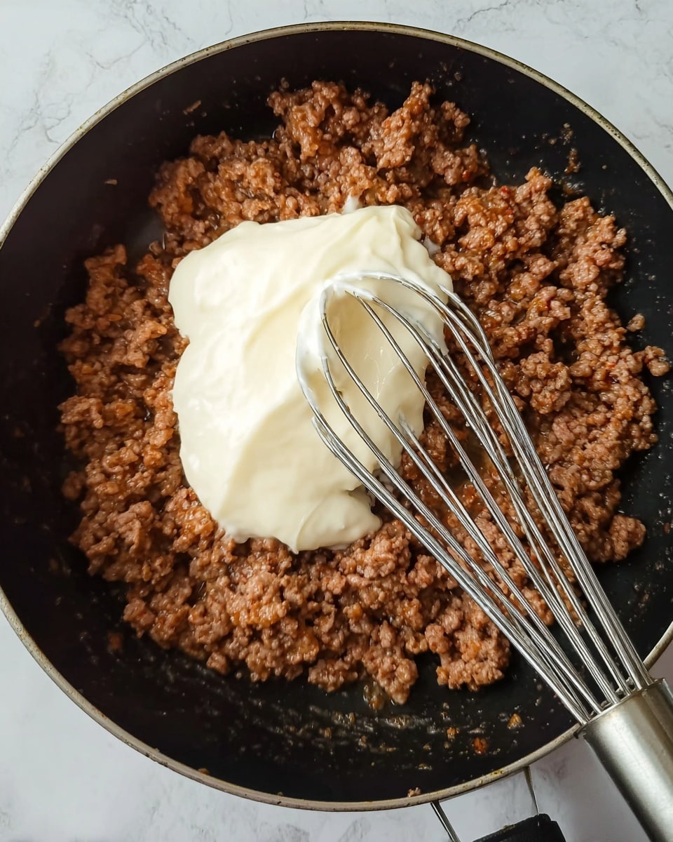 The image shows a close-up of cooked ground meat in a black pan. The meat is crumbly and brown, spread evenly across the pan’s surface. On top of the meat, near the center, there is a large dollop of white cream or sauce. A shiny metal whisk lies diagonally across the meat, partially resting on the cream. The pan and food details are clear, set against a white marbled texture background. Photo taken with an iphone --ar 4:5 --v 7