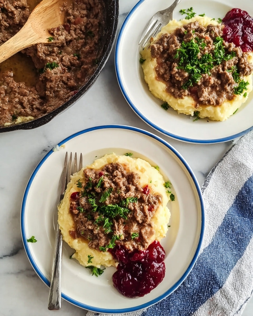 Two white plates with blue rims are shown from above, each holding a dish with two layers. The bottom layer is creamy mashed potatoes, smooth and pale yellow in color, forming a soft bed. On top, there is a thick layer of ground meat sauce, light brown and slightly chunky, sprinkled with green parsley pieces. Each plate has a small side of bright red cranberry sauce, adding a pop of color. A silver fork rests on the edge of one plate. A skillet with more ground meat sauce is placed at the top left corner on a blue-striped cloth, all placed on a white marbled surface. Photo taken with an iphone --ar 4:5 --v 7