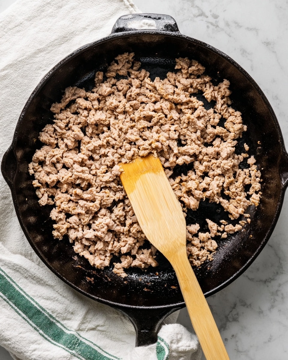 Inside a black cast iron pan, there is one layer of cooked ground meat that is light brown and crumbly, spread evenly across the pan with some areas showing a slightly darker cooked texture. A wooden spatula rests on top of the meat, positioned diagonally from the bottom right towards the center. The pan sits on a white marbled surface with a white cloth featuring green stripes partially visible on the left side. Photo taken with an iphone --ar 4:5 --v 7