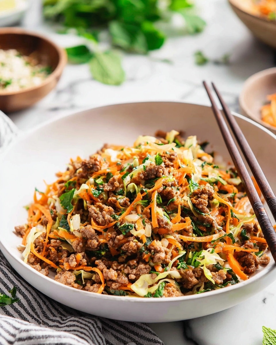 A white shallow bowl filled with a mixed dish of small cooked ground meat pieces layered evenly with thin strips of orange carrot and shredded pale cabbage spread throughout, topped with small, bright green chopped herbs sprinkled all over. Dark brown chopsticks are placed on the right side, touching the food, amid a white marbled surface, with a striped cloth partially visible nearby. In the background, there are blurred bowls and fresh green herbs adding depth to the scene, photo taken with an iphone --ar 4:5 --v 7