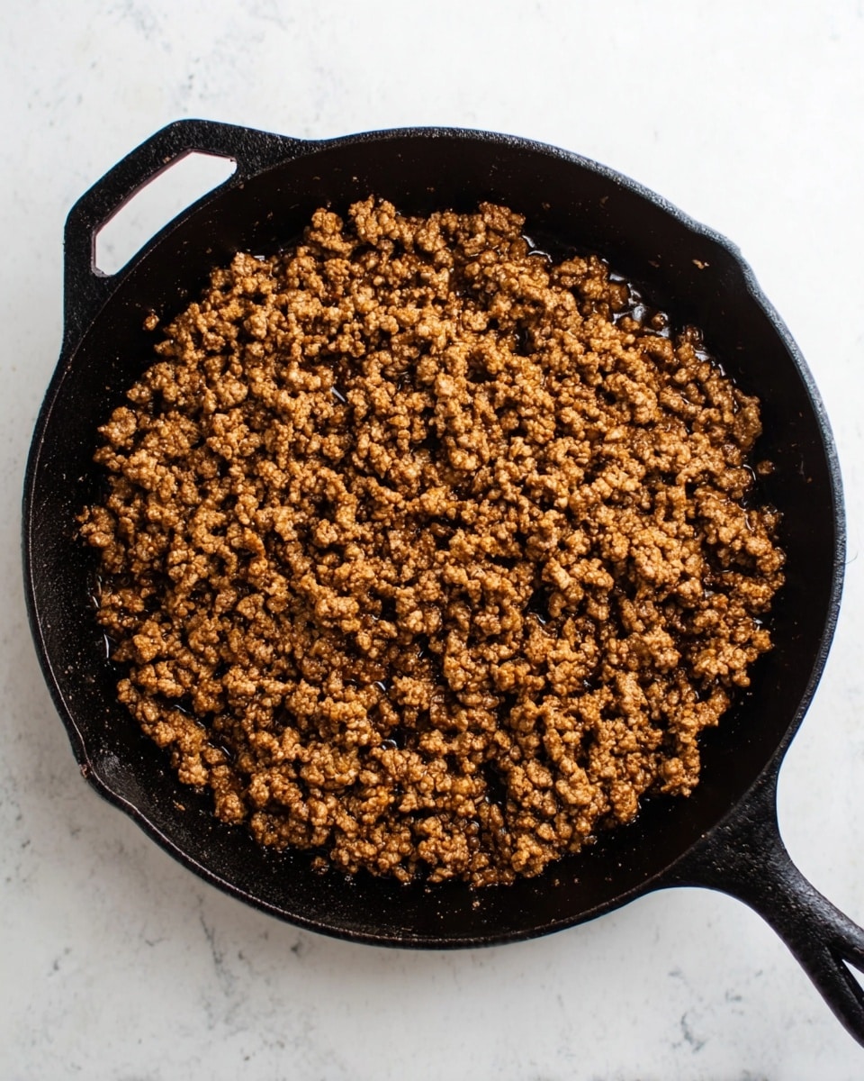 The image shows a black cast iron pan filled with cooked ground meat that is brown and crumbly in texture. The meat is spread evenly across the pan, giving a detailed view of the small granules and some shiny spots indicating moisture and oil. The pan rests on a white marbled surface, and the background is simple with no other objects around. photo taken with an iphone --ar 4:5 --v 7