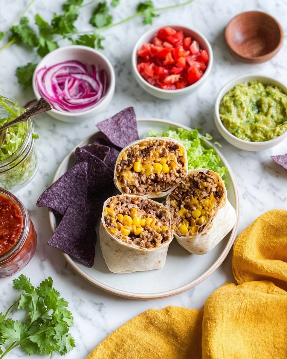 A burrito cut in half vertically, stacked one half on top of the other showing the inside layers clearly. The outer layer is a soft white tortilla wrap, inside it has a layer of cooked rice mixed with seasoned ground meat and bright yellow corn kernels spread evenly. The burrito is placed on a white plate with a side of chunky green guacamole, some purple tortilla chips, and small pieces of red tomato and purple onion scattered around. The scene is set on a white marbled surface, creating a clean and fresh look. Photo taken with an iphone --ar 4:5 --v 7