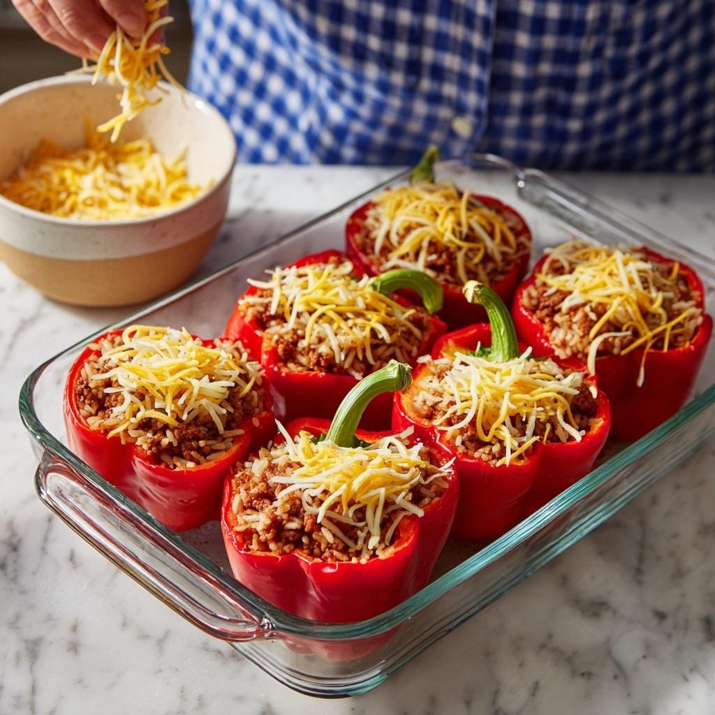 Stuffed Peppers with Rice and Cheddar-Monterey Jack Cheese Recipe 4 A close-up of two red bell pepper halves placed on a white plate with a blue floral pattern, each filled with a cooked mixture topped with melted yellow and white cheese. The cheese is gooey with some browned spots, covering the filling and edges of the pepper. Small green parsley leaves are sprinkled on top and around the plate. The peppers sit on a white marbled background, and their green stems curve naturally outwards. photo taken with an iphone --ar 4:5 --v 7