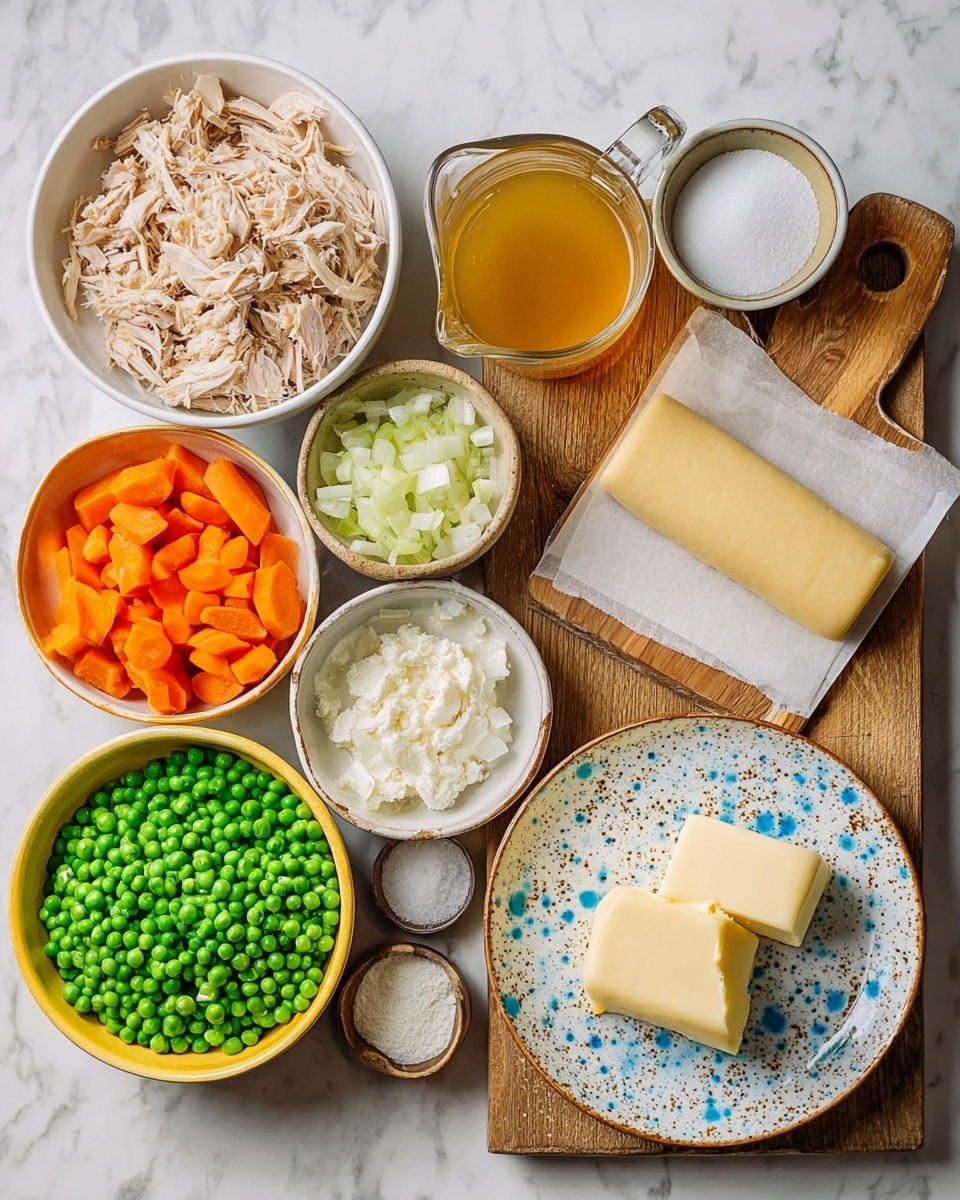 The image shows several small bowls and plates arranged on a wooden board and white marbled surface. Starting from the top, there is a white bowl filled with shredded light brown cooked chicken. Next to it, a glass jug holds golden chicken broth. Below the jug, a small grey bowl contains white salt. To the right on the wooden board, a slice of pale yellow butter sits on a speckled white plate with blue and green spots. A light yellow sheet of rolled-out dough on white parchment paper is placed on the board's right side. On the left side of the board, a yellow bowl holds white flour. Below the flour bowl, a small green bowl contains frozen bright green peas. To the left of the peas, a small brown bowl is filled with chopped white onions. Above that, a large pale blue bowl is filled with sliced bright green celery. Next to it on the left, a white measuring cup holds white cream. Above the butter plate on the wooden board, a light brown bowl contains sliced bright orange carrots. The background is a white marbled surface. Photo taken with an iphone --ar 4:5 --v 7