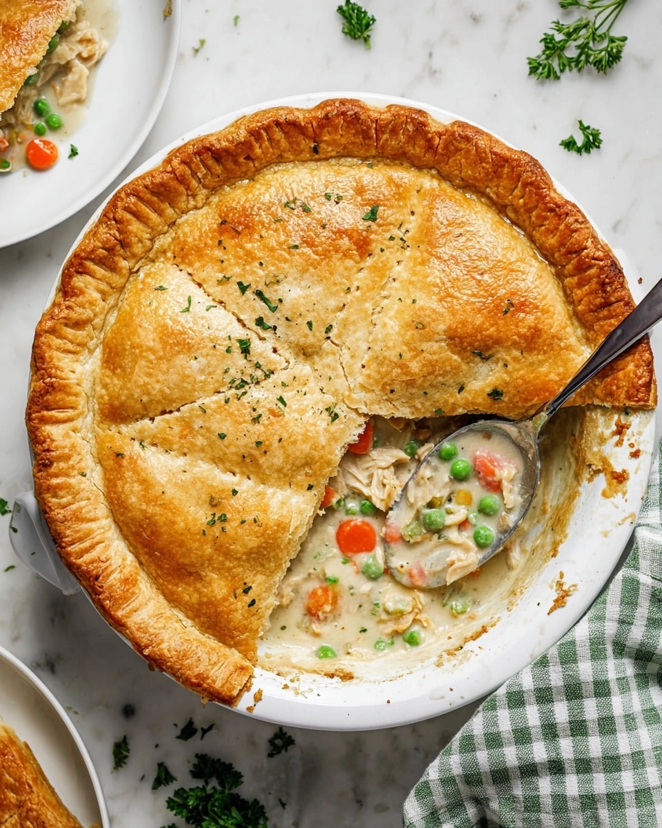 The image shows a golden brown pie with a crimped edge in a white round baking dish. One slice is removed, revealing the creamy filling inside with visible chunks of orange carrots, green peas, and pieces of white meat in a thick white sauce. A silver spoon is placed inside the dish, scooping some filling. The dish is on a white marbled surface with some green parsley scattered around and a white plate with a piece of pie on the top left. A green and white checkered cloth is partially visible at the bottom right. Photo taken with an iphone --ar 4:5 --v 7