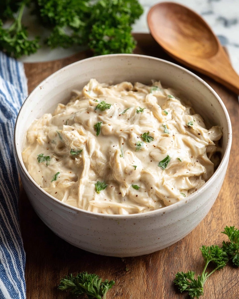A white bowl filled with a thick creamy mixture with visible shredded pieces of light beige meat mixed in. The sauce is smooth and shiny with small specks of darker seasoning. The bowl is placed on a wooden surface with a wooden spoon behind it and some green parsley leaves scattered around. A blue and white striped cloth is partly visible on the left side. The background has a white marbled texture. photo taken with an iphone --ar 4:5 --v 7