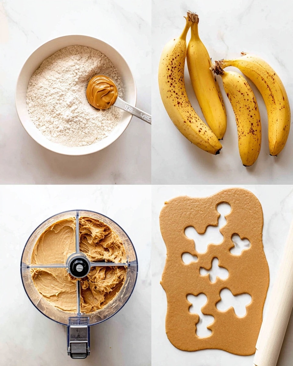 The image shows four steps of making dog treats on a white marbled surface. The top left corner has a white bowl filled with flour, a measuring spoon filled with peanut butter, and two ripe yellow bananas with brown spots. The top right shows a food processor with three sections visible: light beige flour, mashed banana, and smooth brown peanut butter. The bottom left shows the food processor with a creamy tan dough mixed inside. The bottom right shows a rolled-out brown dough with bone-shaped cookie cutter outlines and one bone-shaped cookie cutter placed on the dough, with a white rolling pin partially visible. Photo taken with an iphone --ar 4:5 --v 7