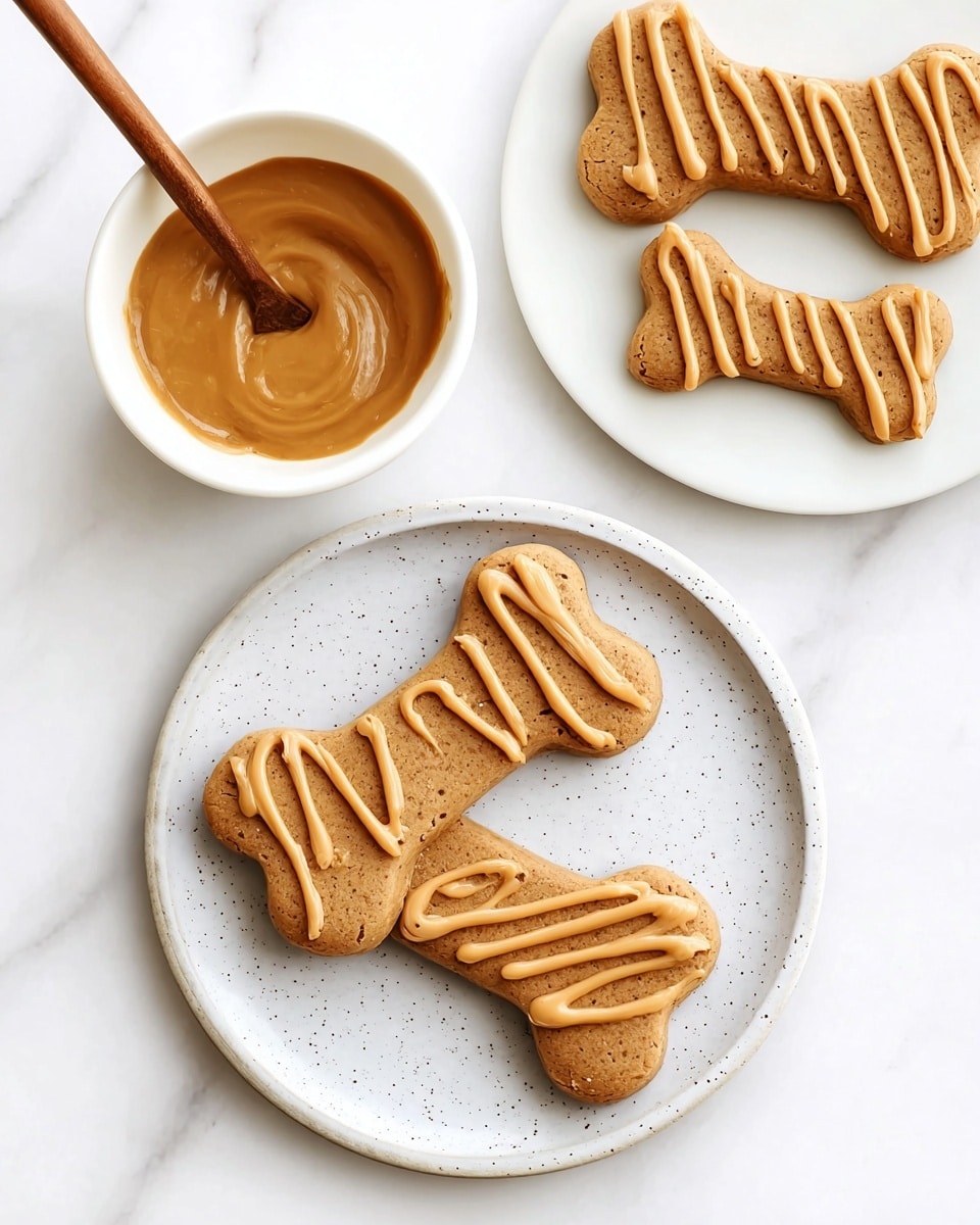The image shows a silver baking tray lined with beige parchment paper, holding two neat columns of bone-shaped dog treats. Each treat has a brown base with a rough texture and is topped with a bright orange zigzag icing that covers the upper surface of every bone. The parchment paper and metallic tray create a clean, organized look, and no other objects are visible. The background is a white marbled texture photo taken with an iphone --ar 4:5 --v 7