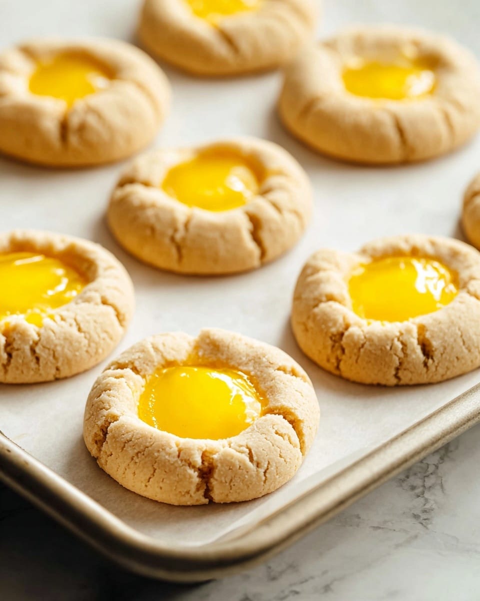 There are fifteen small round cookies on a baking tray lined with parchment paper. Each cookie has a pale yellow dough base with cracks and indentations around the edges, forming a flower-like shape. The center of most cookies is filled with bright yellow jelly-like filling. On the right side, a woman's hand holds a white spoon filling one cookie with the yellow filling. To the left of the tray, part of a white bowl with black speckles is visible, filled with more yellow filling. The surface under the tray has a white marbled texture, with a mustard yellow cloth partially visible in the bottom left corner. photo taken with an iphone --ar 4:5 --v 7